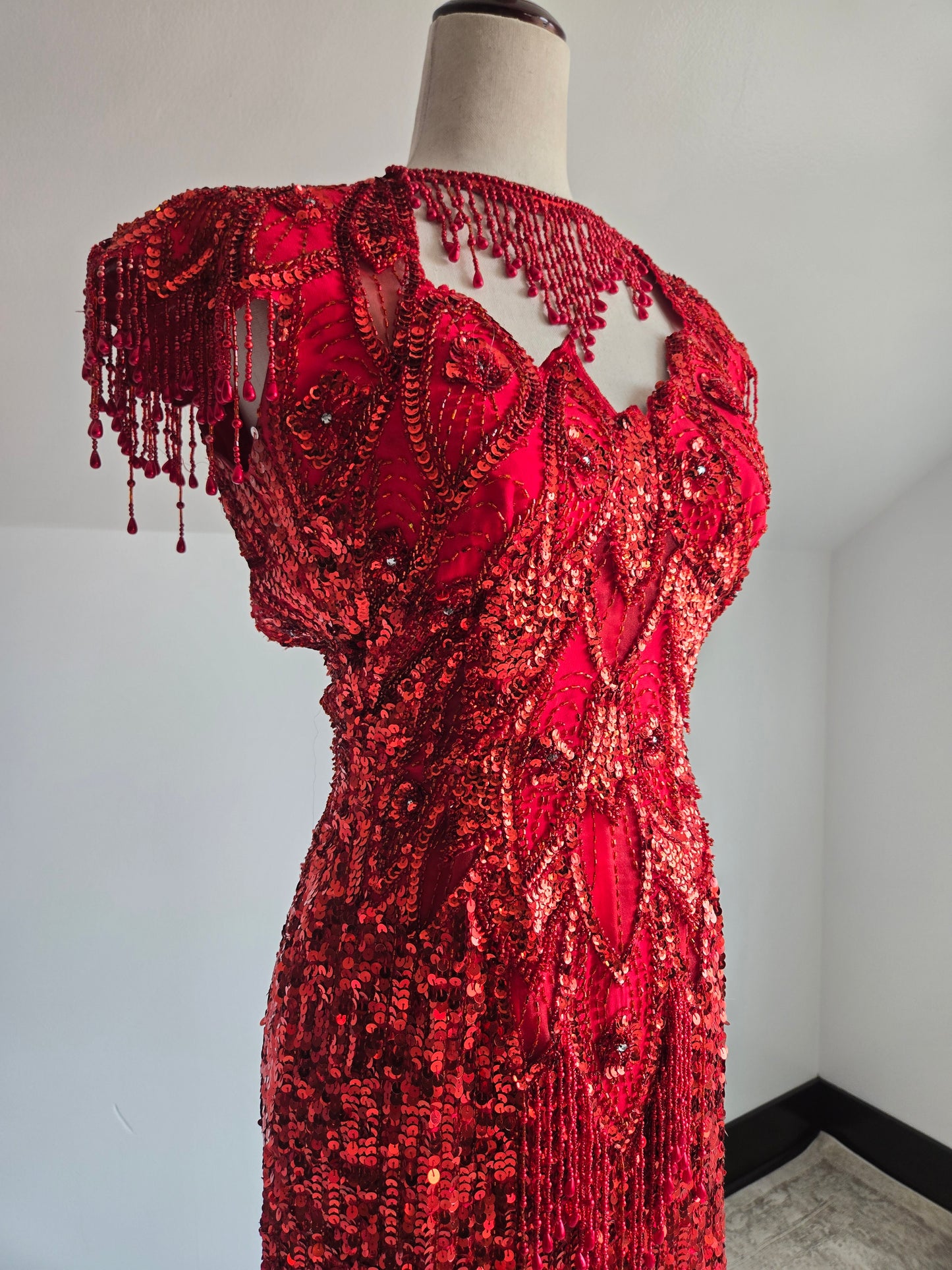 Miss Kansas Estate Vintage Red Beaded and Sequined Hand Made Dress - XS/S