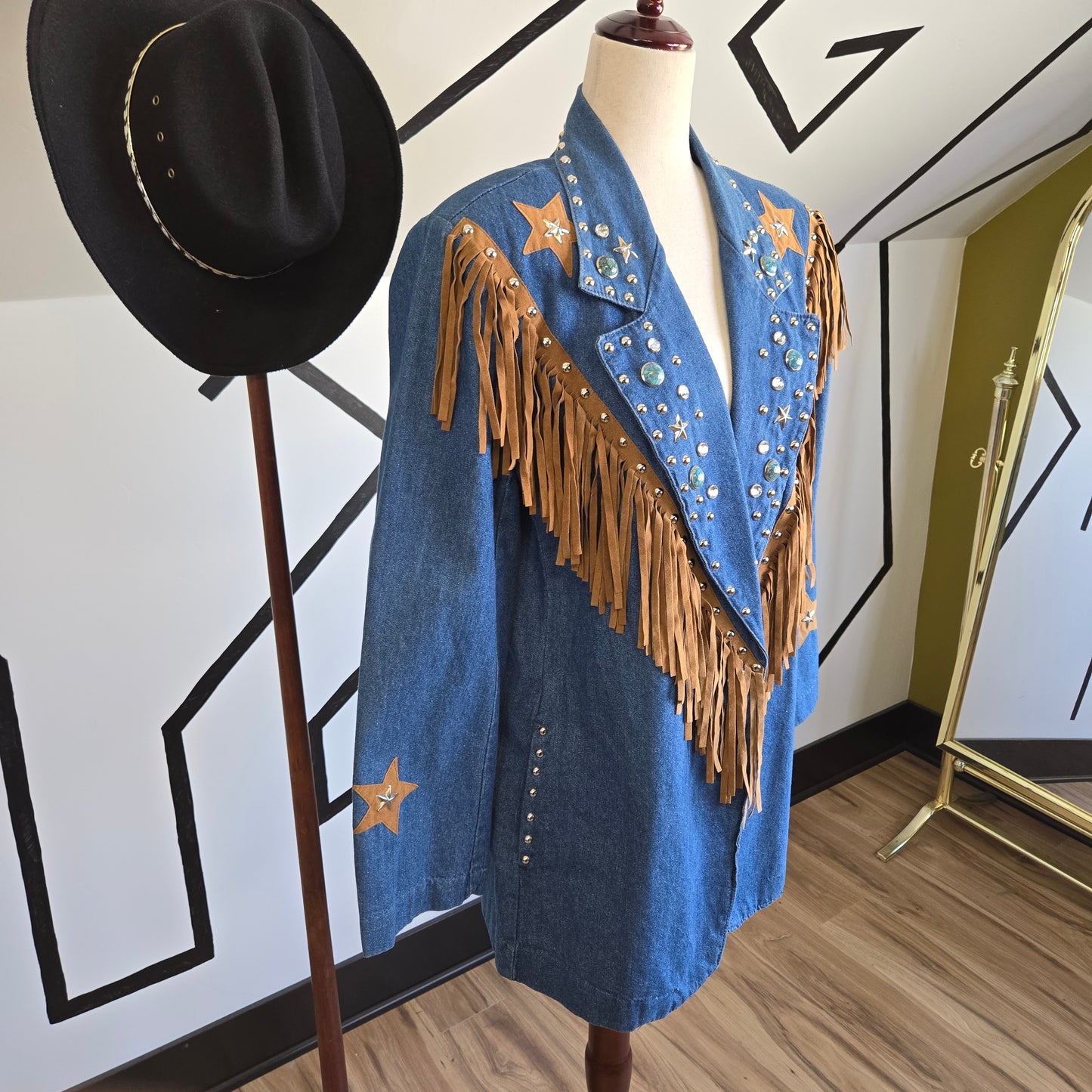 Gepetto Vintage 80s Denim Blazer with Fringe and Studs - Large