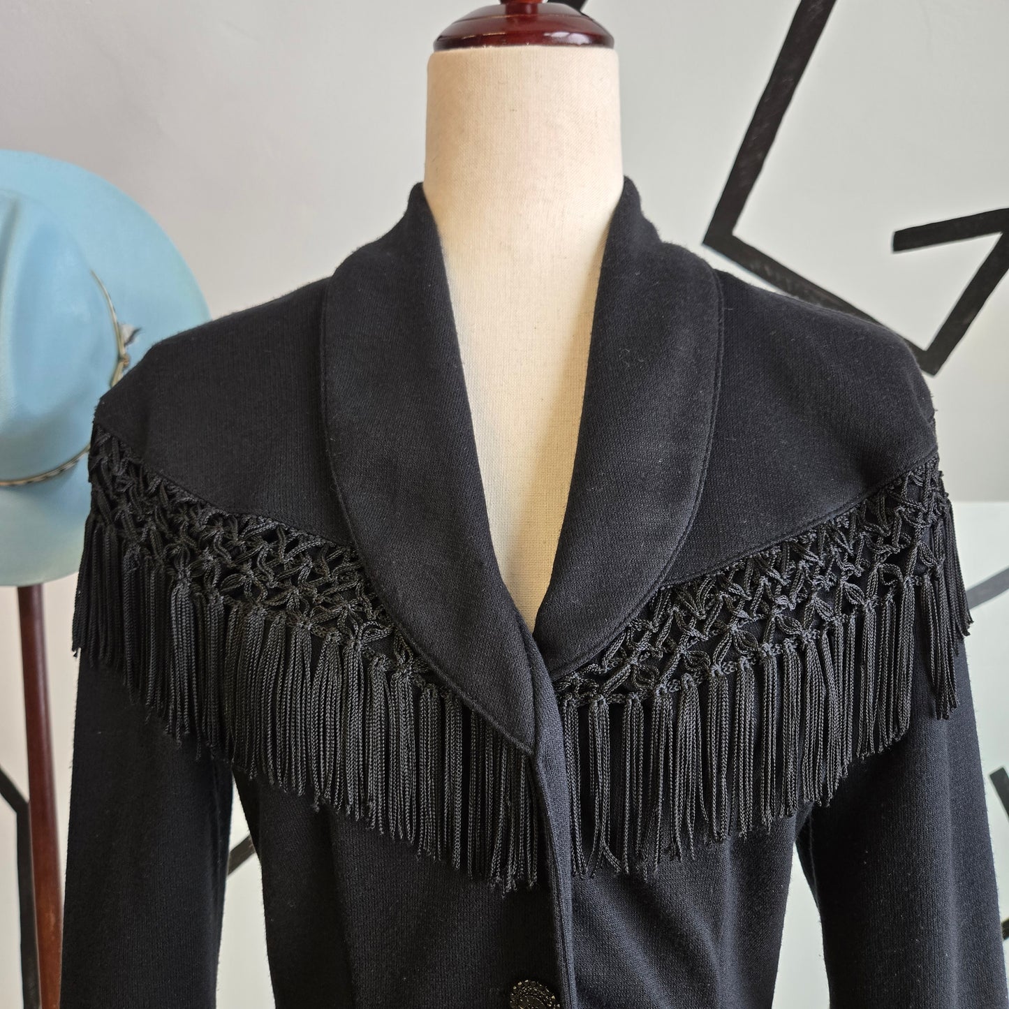 D'Knits Vintage Black Knit Blazer with Fringe Shoulders - small