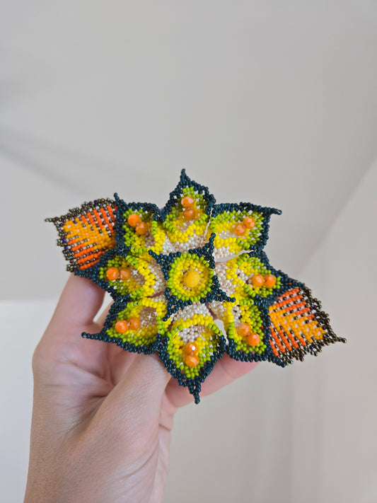 Flower Hand Beaded Hair Barrette - Yellow and Green