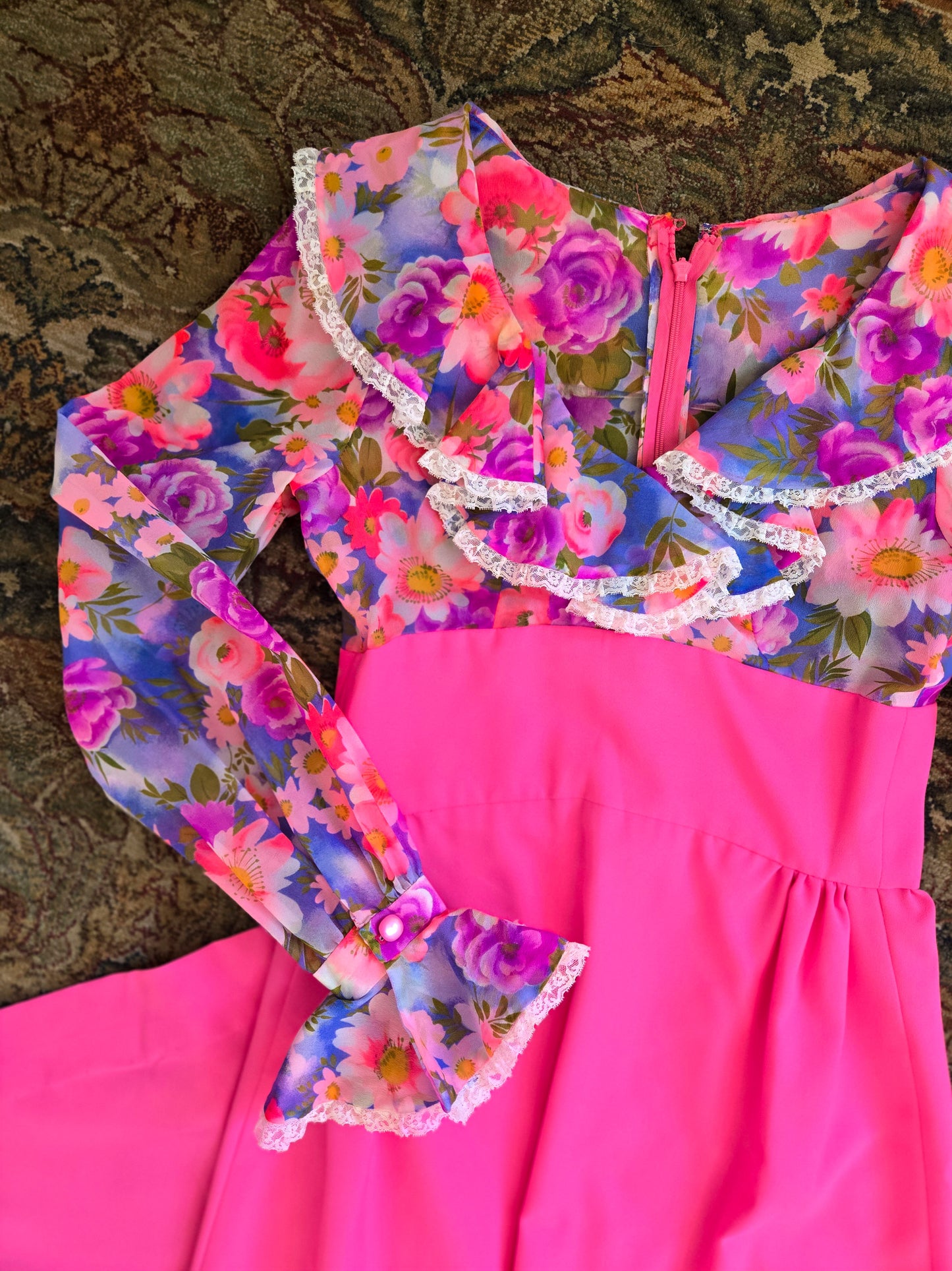 Vintage 1970s Hot Pink Flower Power Maxi Dress - medium