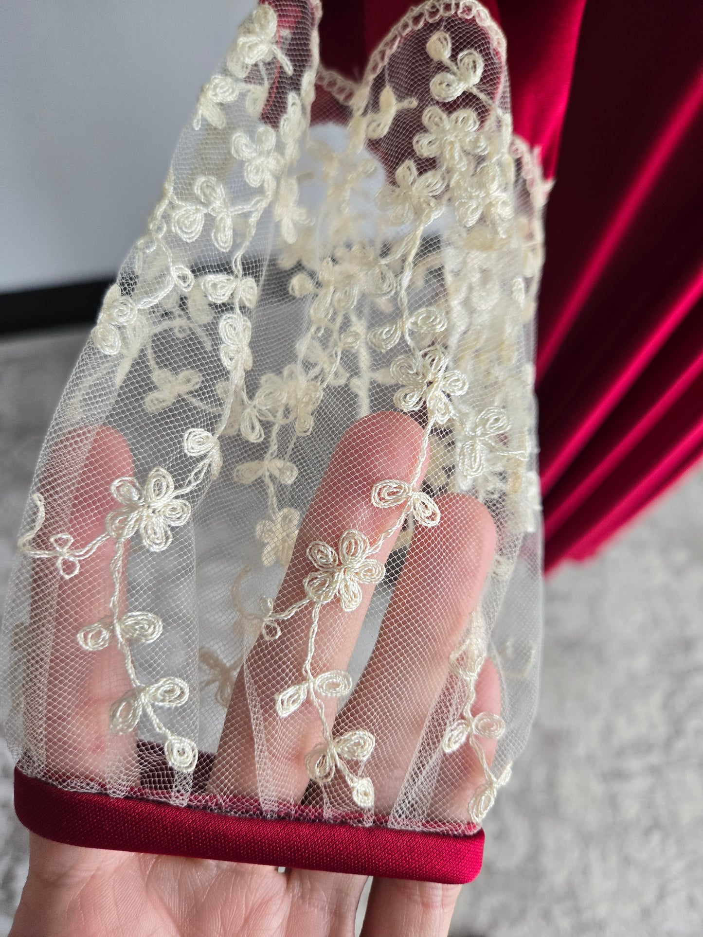 Vintage 1970s Red Slinky Maxi Dress with Shear Lace - Medium