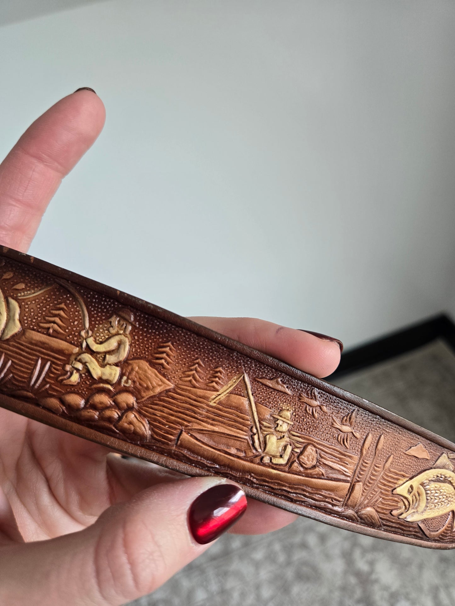 Made in Mexico Tooled Leather Belt in Fishing Pattern - W28-32"