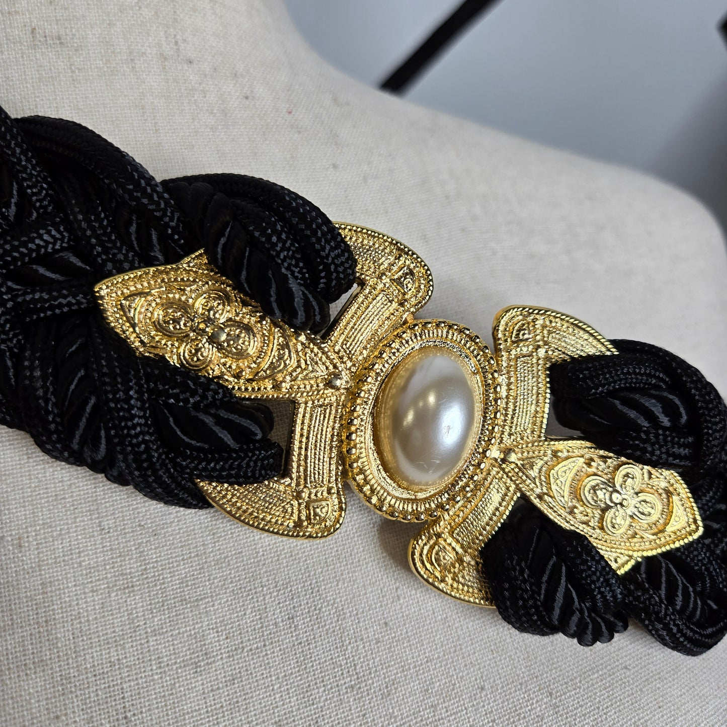 Vintage 80s Motion East Black Rope Belt with Gold and Pearl Accent - S/M