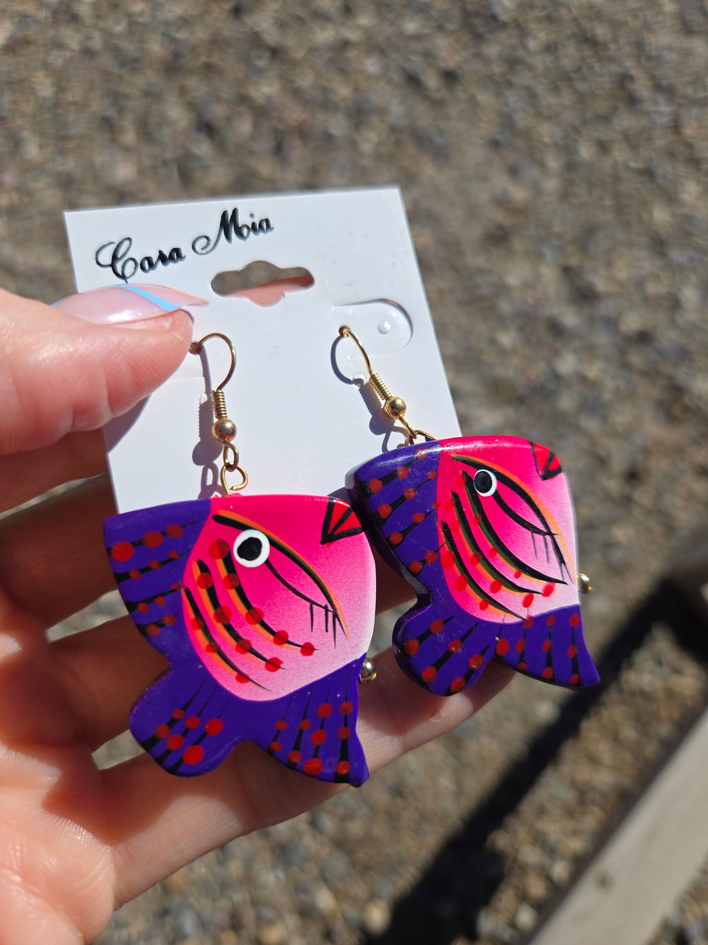 Deadstock Cara Mia Pink and Purple Wood Hand Painted Tropical Fish Earrings