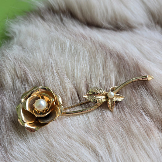 Large Vintage Gold Rose with Pearls Brooch