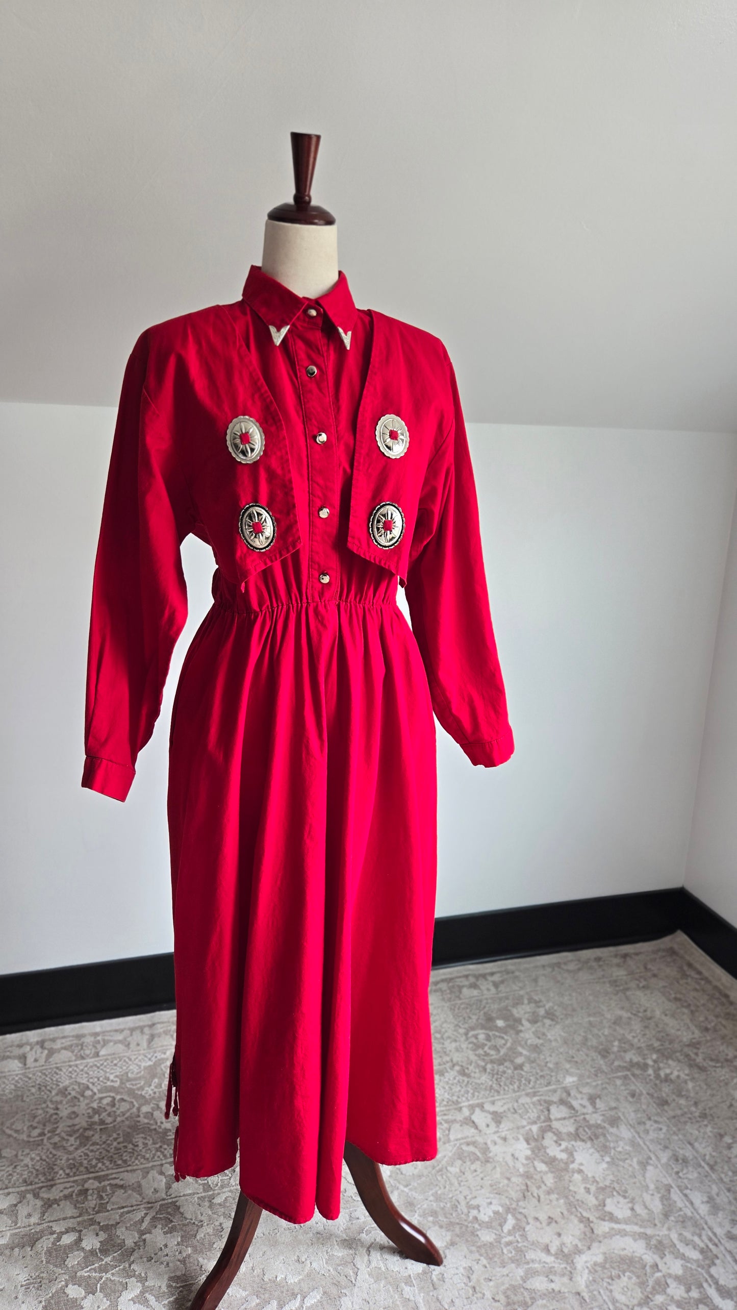 Sas'sa Vintage Red Western Dress with Silver Concho Details - S/M