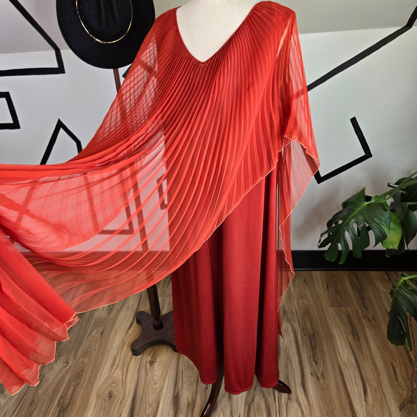 Rust Orange Vintage 1970s Pleated Maxi Dress - XL