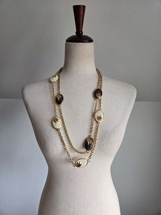 Vintage Black and White Statement Necklace with Gold Leaf Design