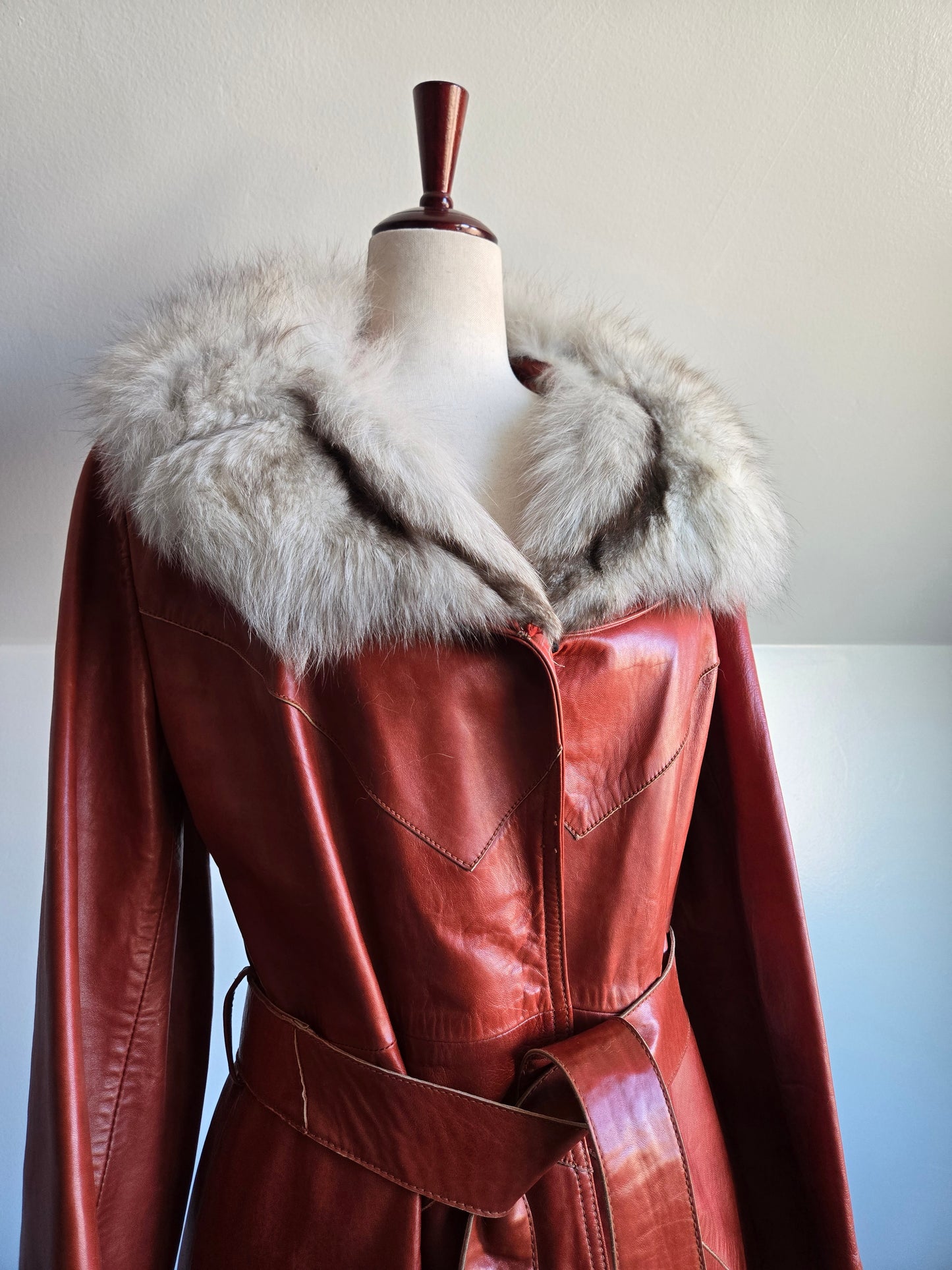 Napa Y Ante Skin Gear 1970s Patchwork Brown Leather Trench with Coyote Fur - Medium