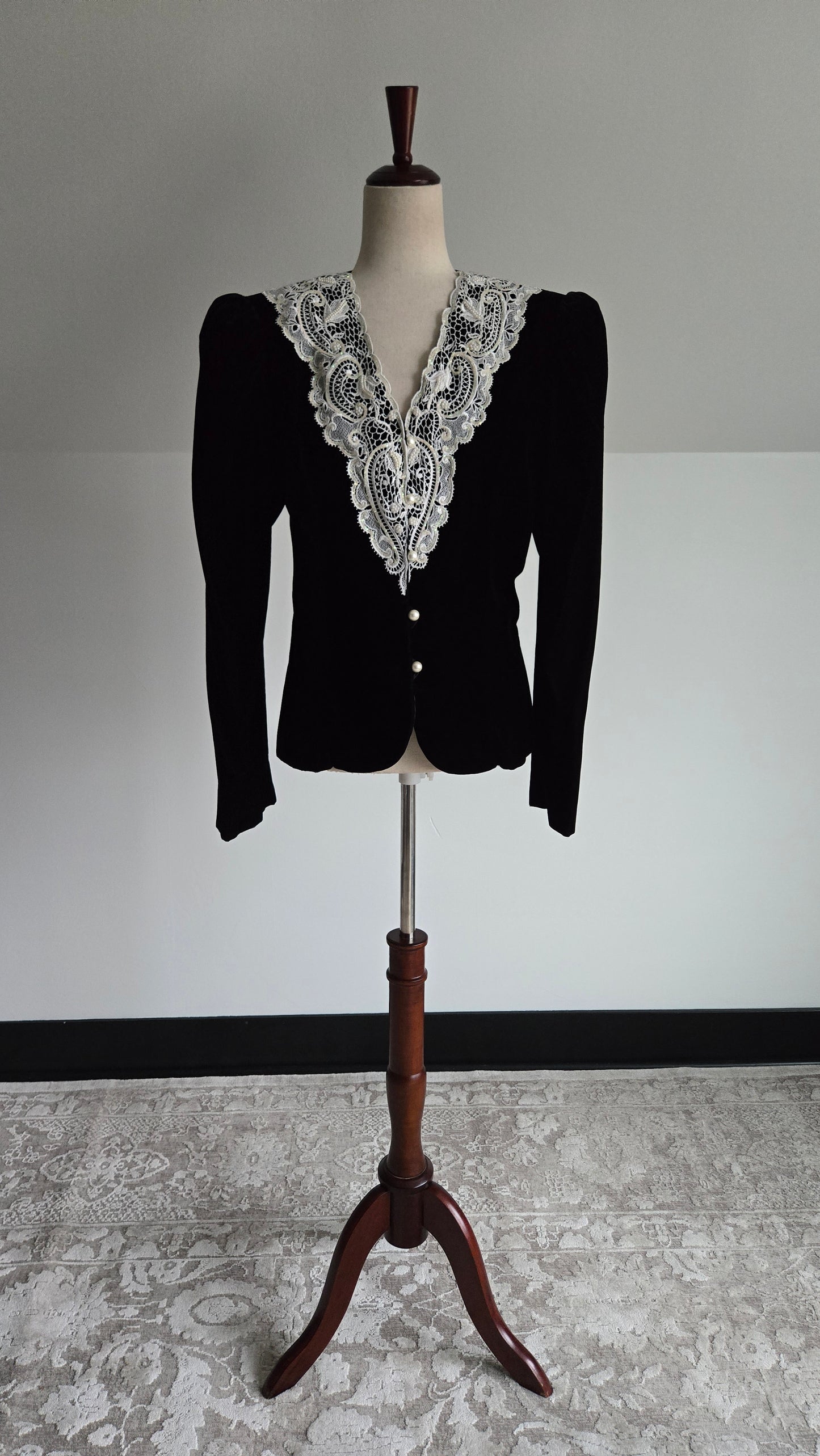 Black Velvet Blazer with Lace and Pearls - Medium/Large