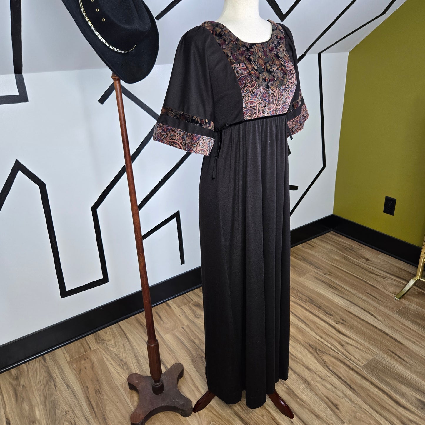 Vicky Vaughn Vintage 70s Brown and Floral Velvet Maxi Dress -