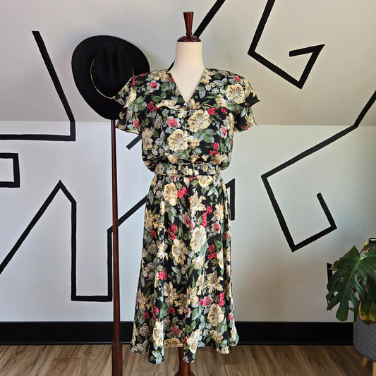 Liz Roberts Vintage 1980 Dark Floral Cape Shoulder Dress