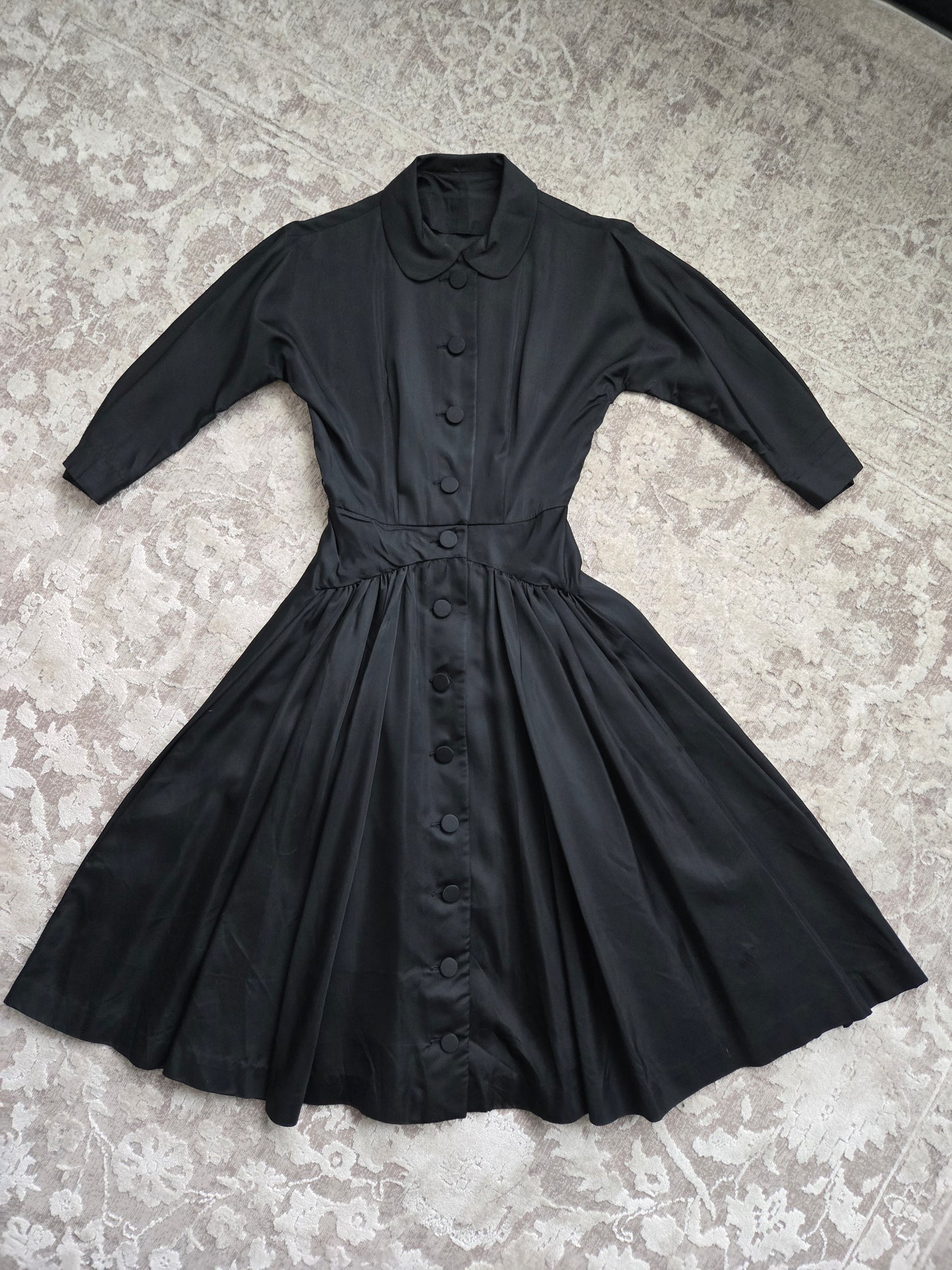 Vintage 1940s Black Satin Day Dress - Small