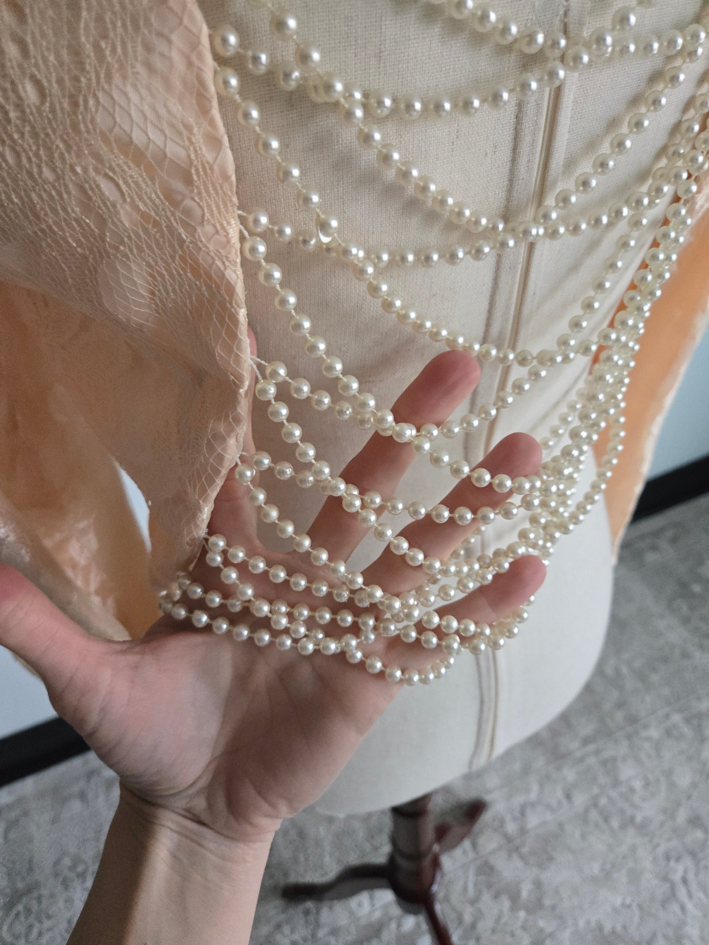 New Leaf Vintage 80s Peach Lace Dress and Pearl Bolero - Small