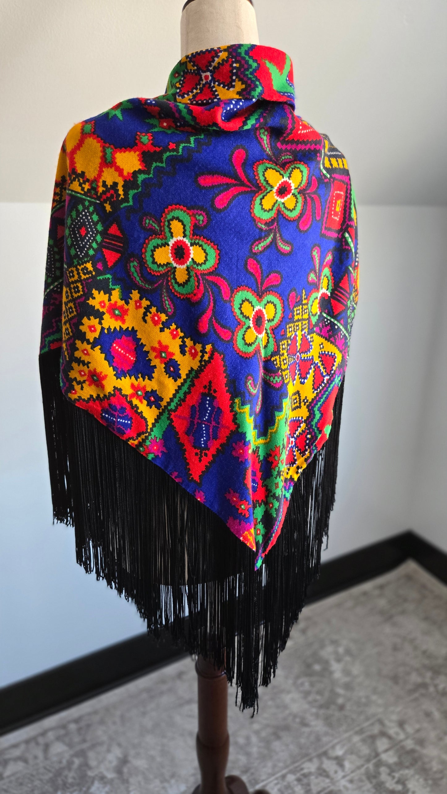 Vintage Barkcloth Dayglo Shawl with Fringe - OS