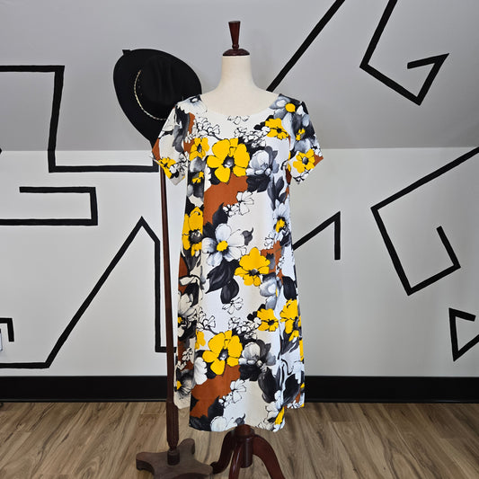 Vintage Barkcloth Yellow, Brown, and Black Flower Power Dress - medium