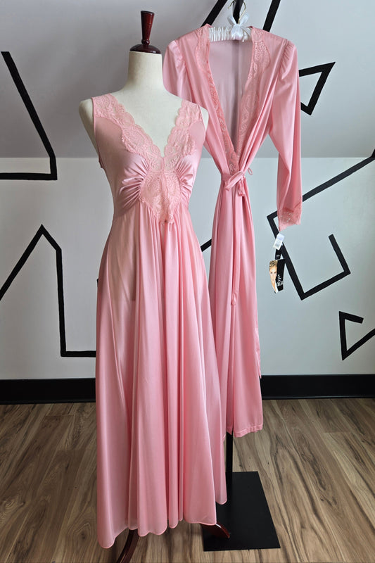 Authentic Olga Deadstock 70s Light Pink Robe with Butterfly Lace Peignoir - large