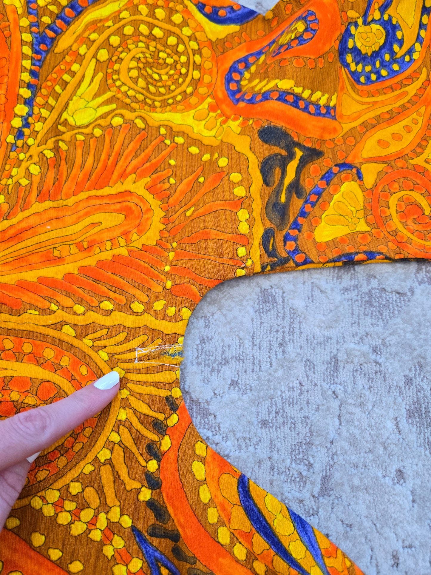 Vintage Barkcloth Orange Psychedelic Dayglo Print Maxi Dress - XS/S