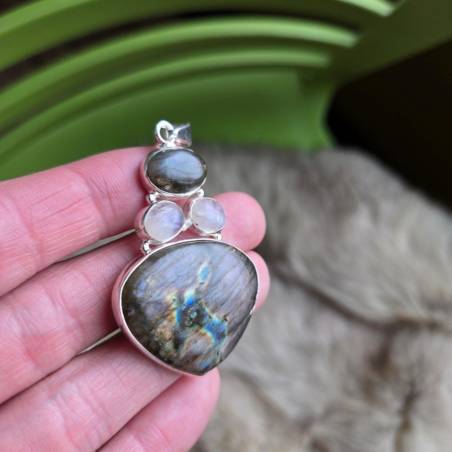 925 Sterling Silver Labradorite and Clear Quartz Pendant