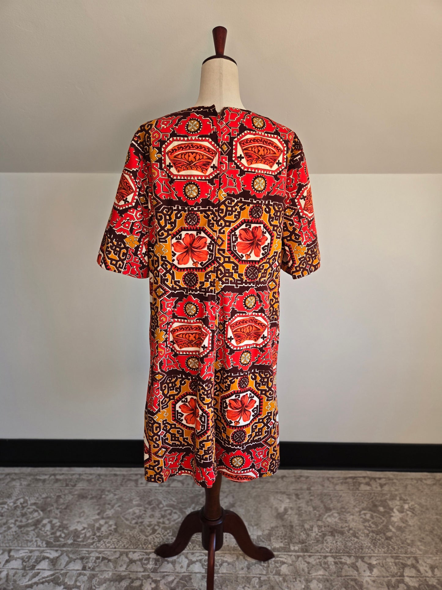 Vintage Barkcloth Red Hawaiian Print Dress - XL