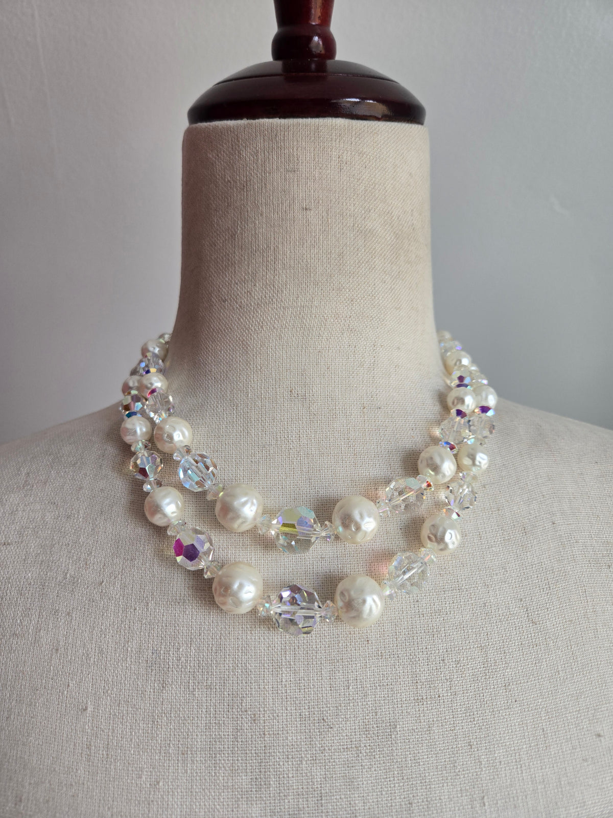 Vintage AB Crystal and Pearl Two-Strand Necklace