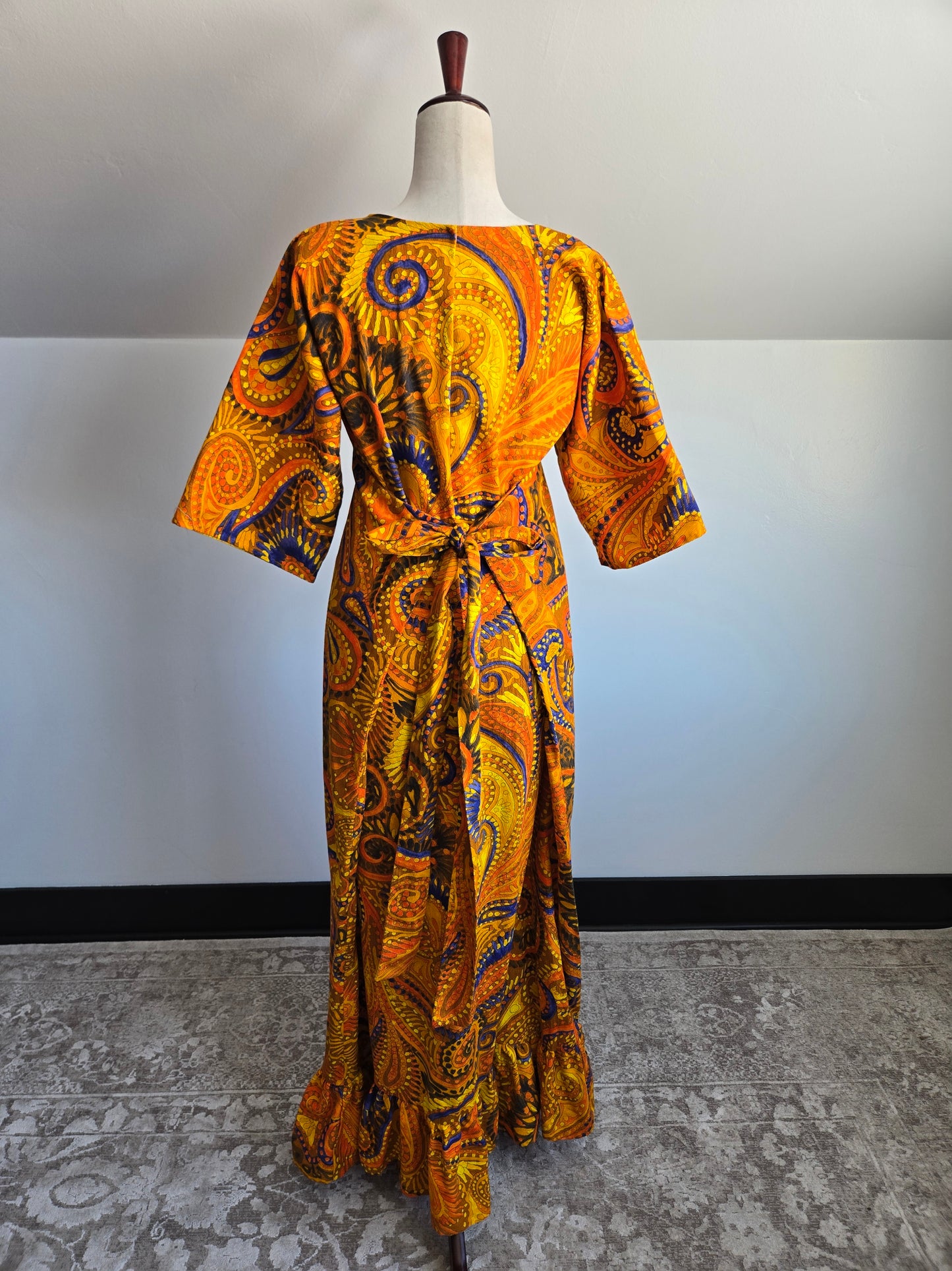 Vintage Barkcloth Orange Psychedelic Dayglo Print Maxi Dress - XS/S