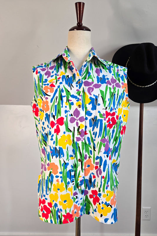 Vintage 80s Cotton Pearl Snap Sleeveless Top - medium