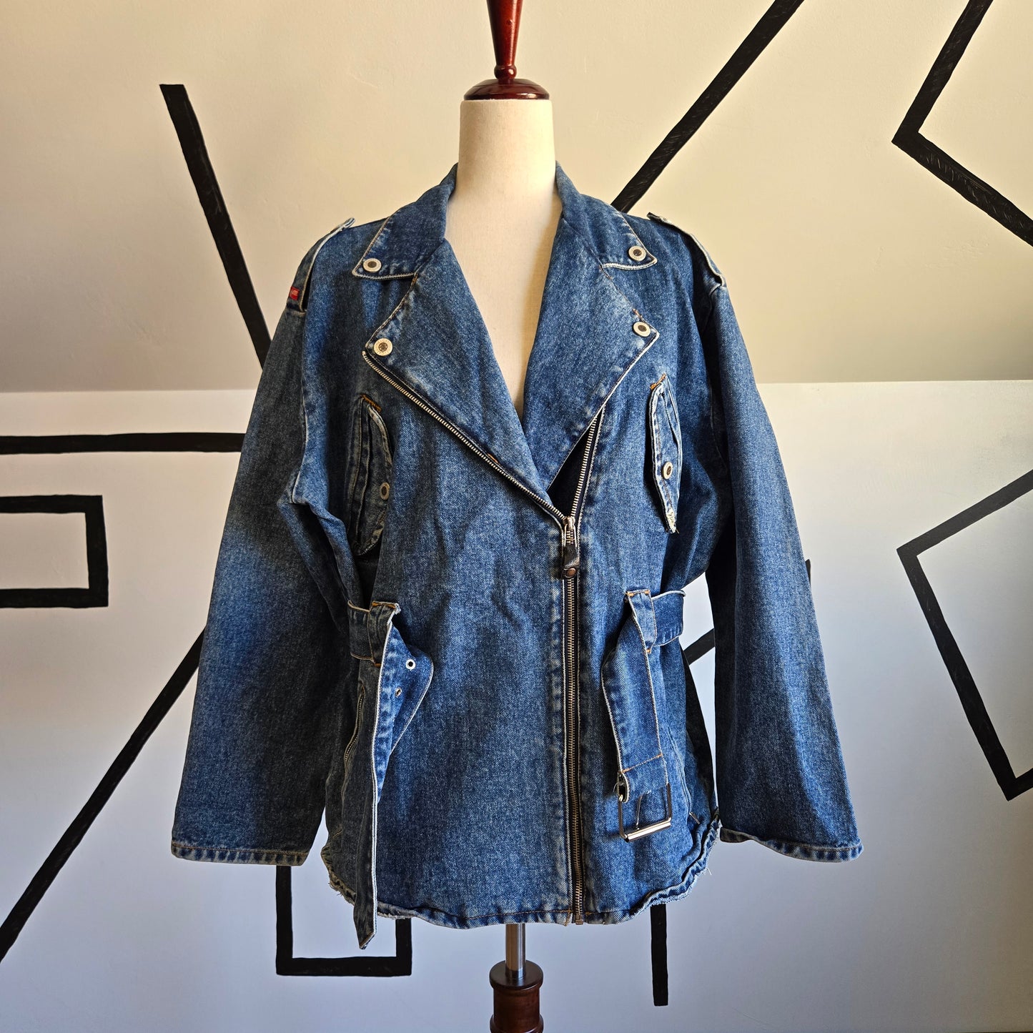 Gasoline Vintage 80s Denim Moto Jacket with Belt - Large