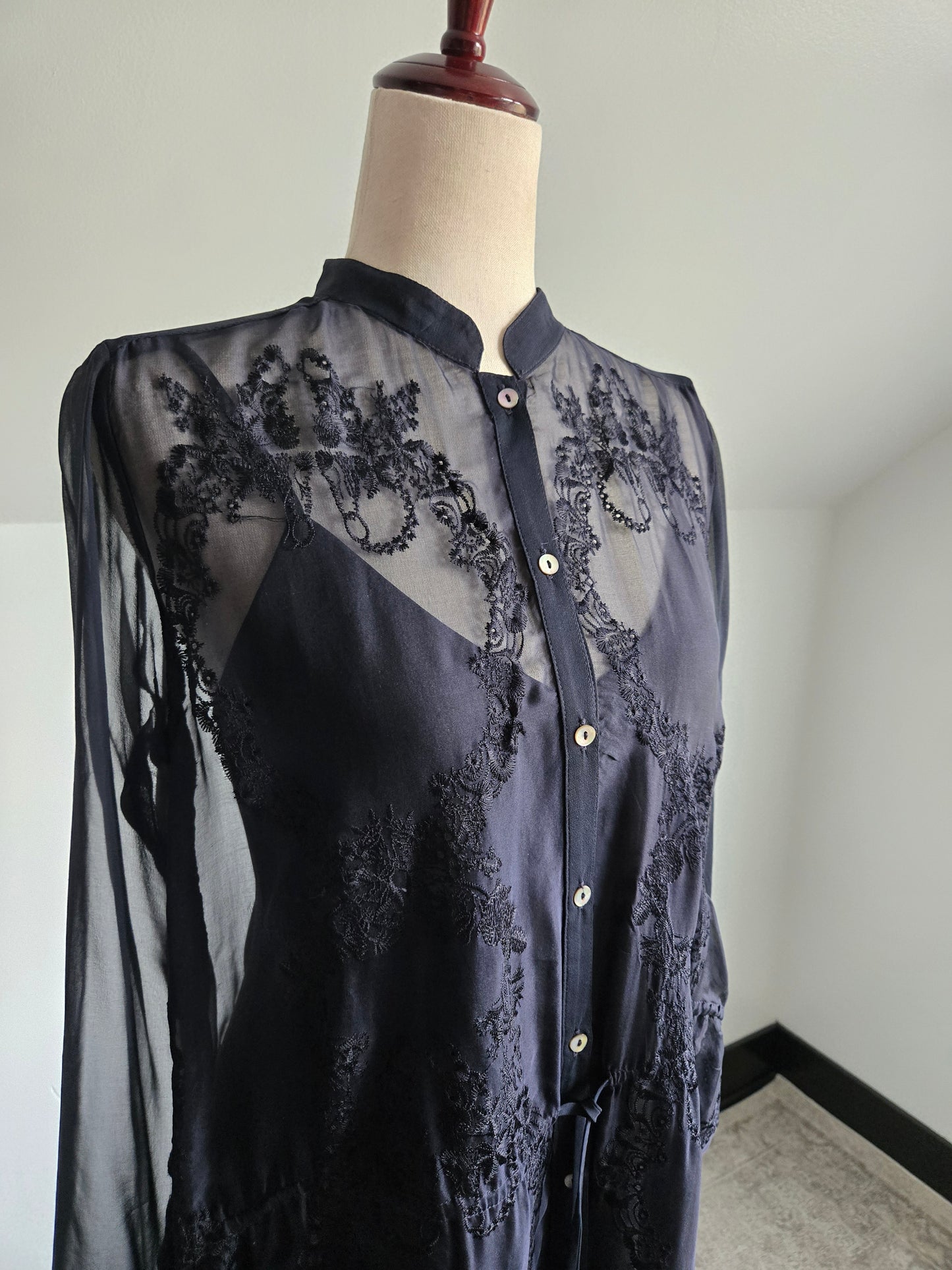 Bailey 44 Silk Black Sheer Embroidered Dress - S/M