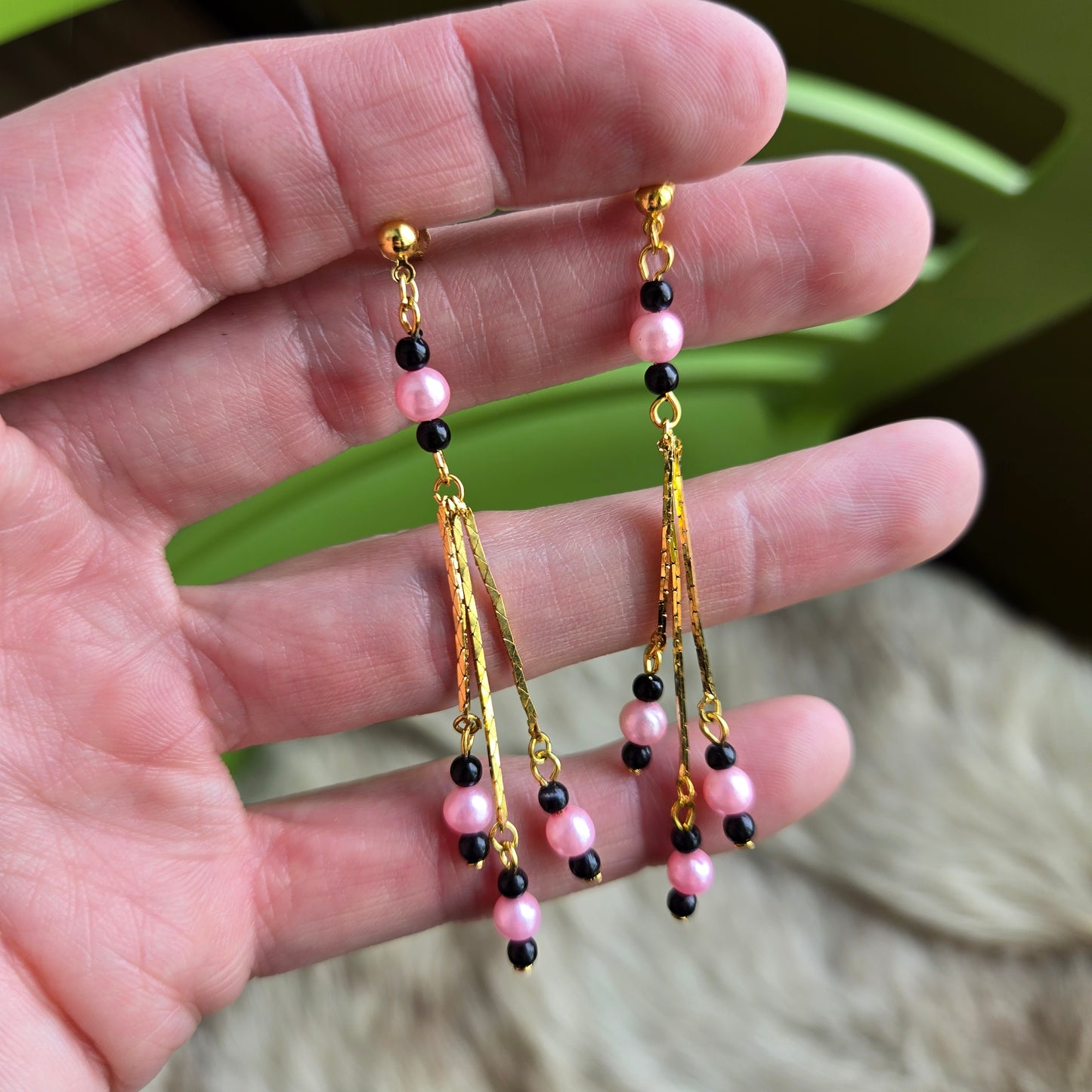 Made in Korea Pink and Black Faux Pearl Drop Earrings - Post Back