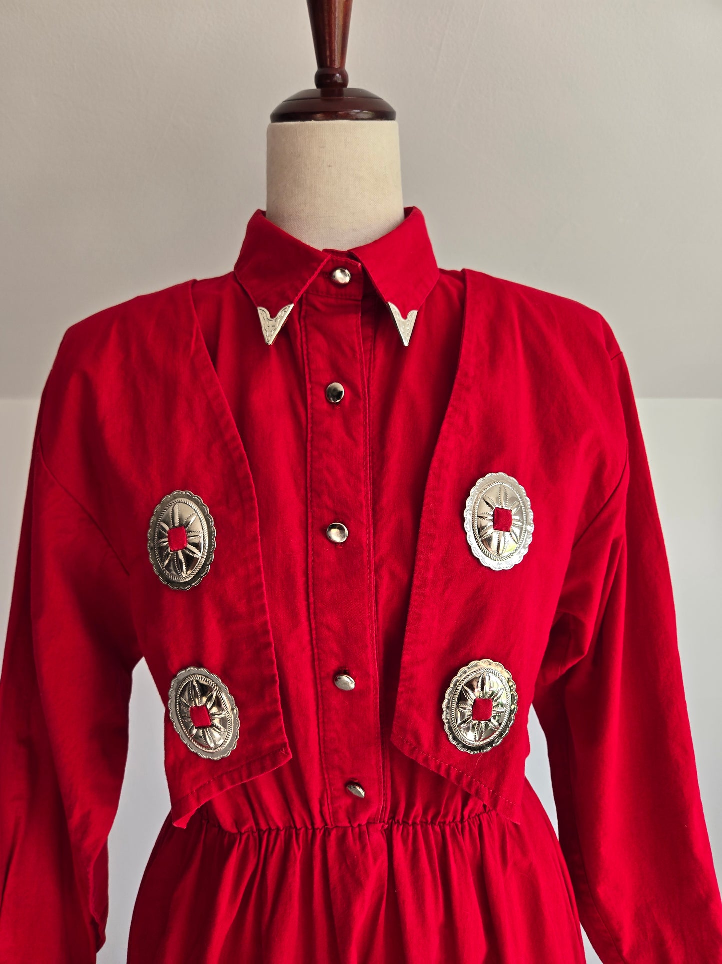 Sas'sa Vintage Red Western Dress with Silver Concho Details - S/M