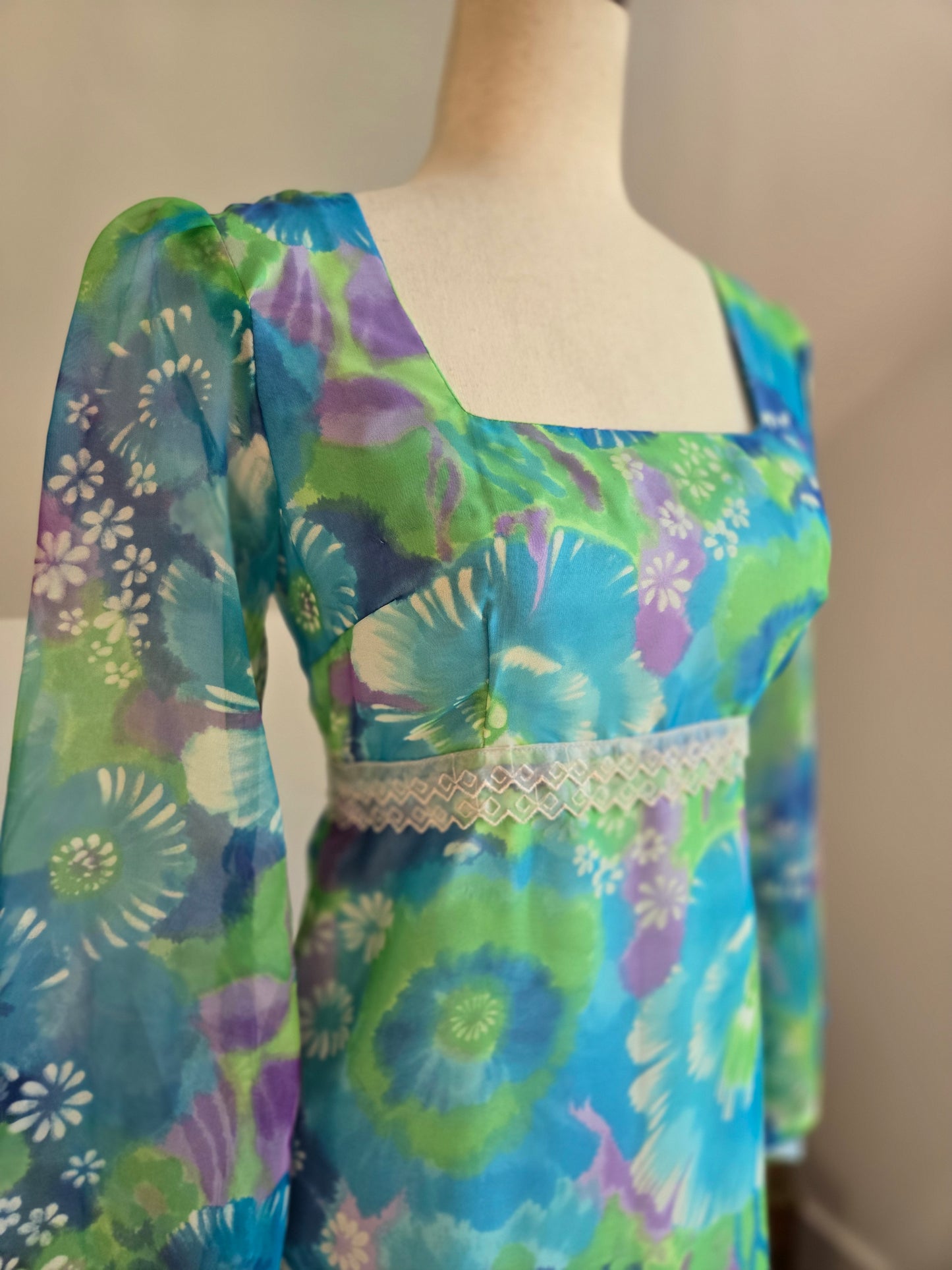Vintage 70s Blue and Purple Psychedelic Floral Print Maxi Dress -