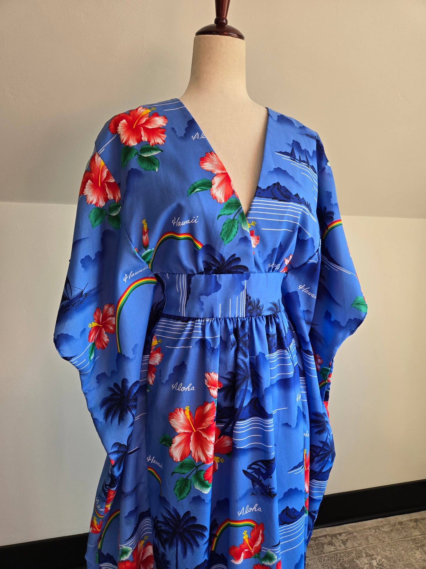 Made in Hawaii Blue Beach Scene and Rainbows Caftan - OS