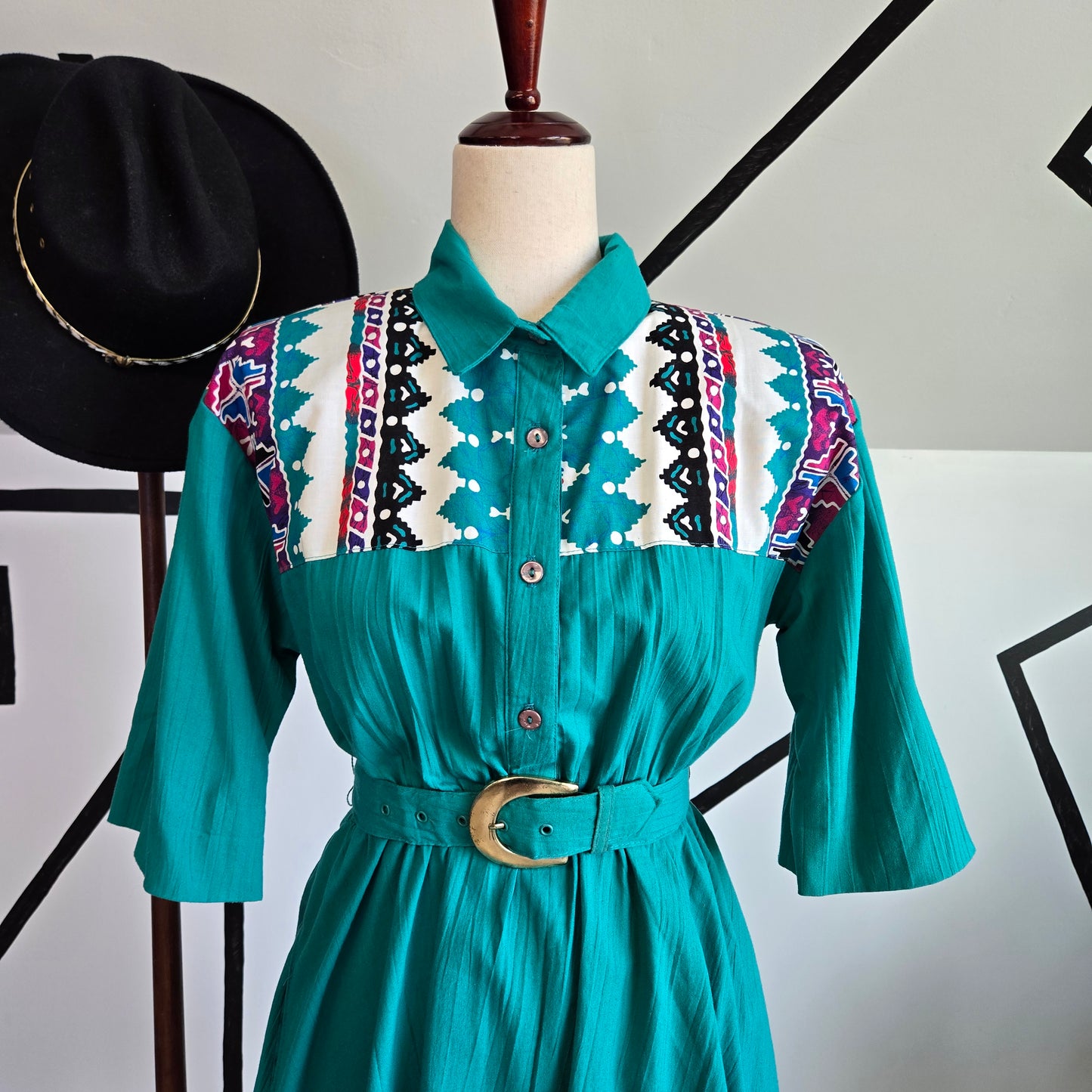 Tapestry Vintage 1980s Turquoise Western Dress - medium/large