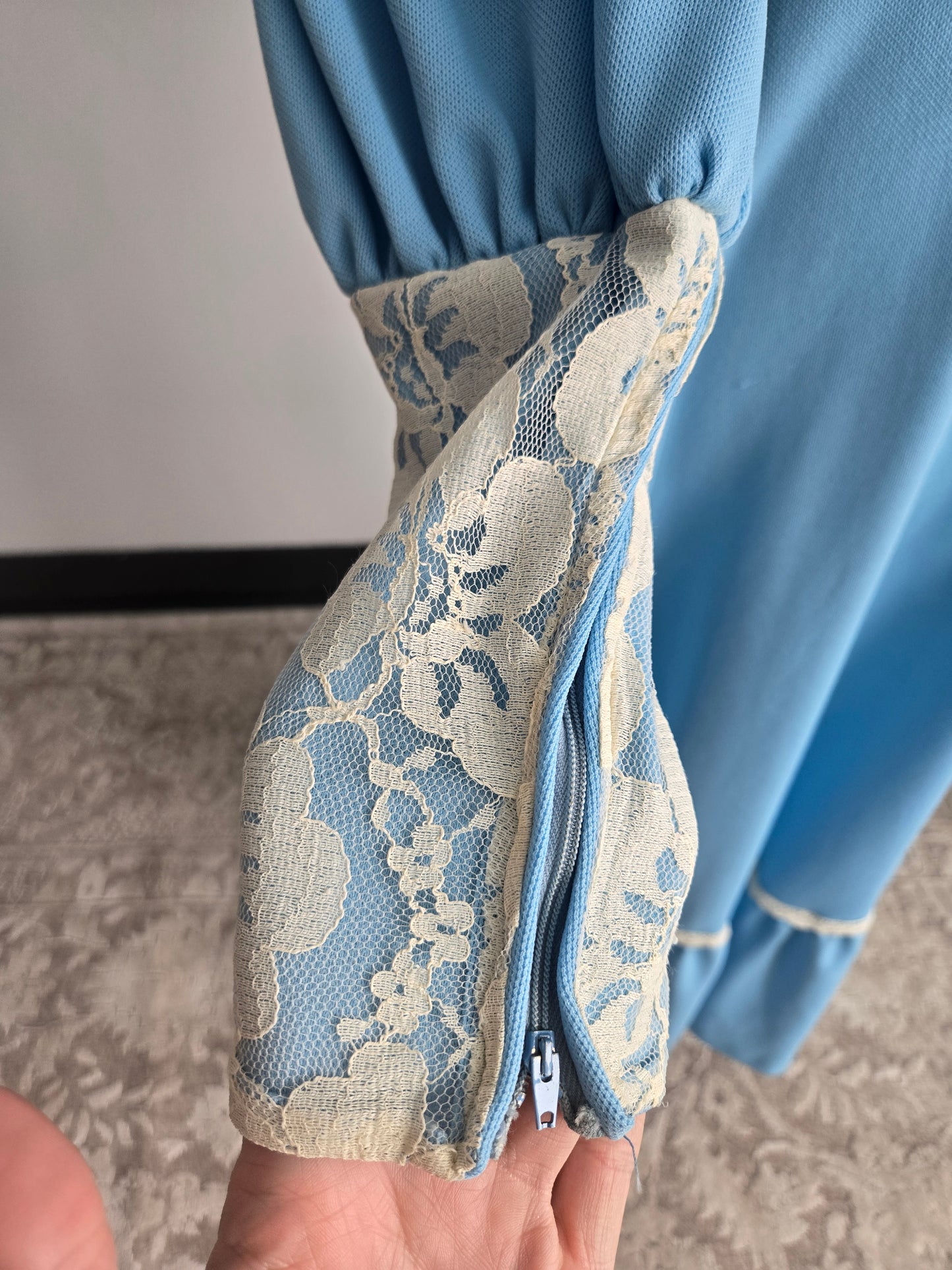 Vintage 1970s Sky Blue Prairie Dress with Floral Lace Details and Corset Top - Small