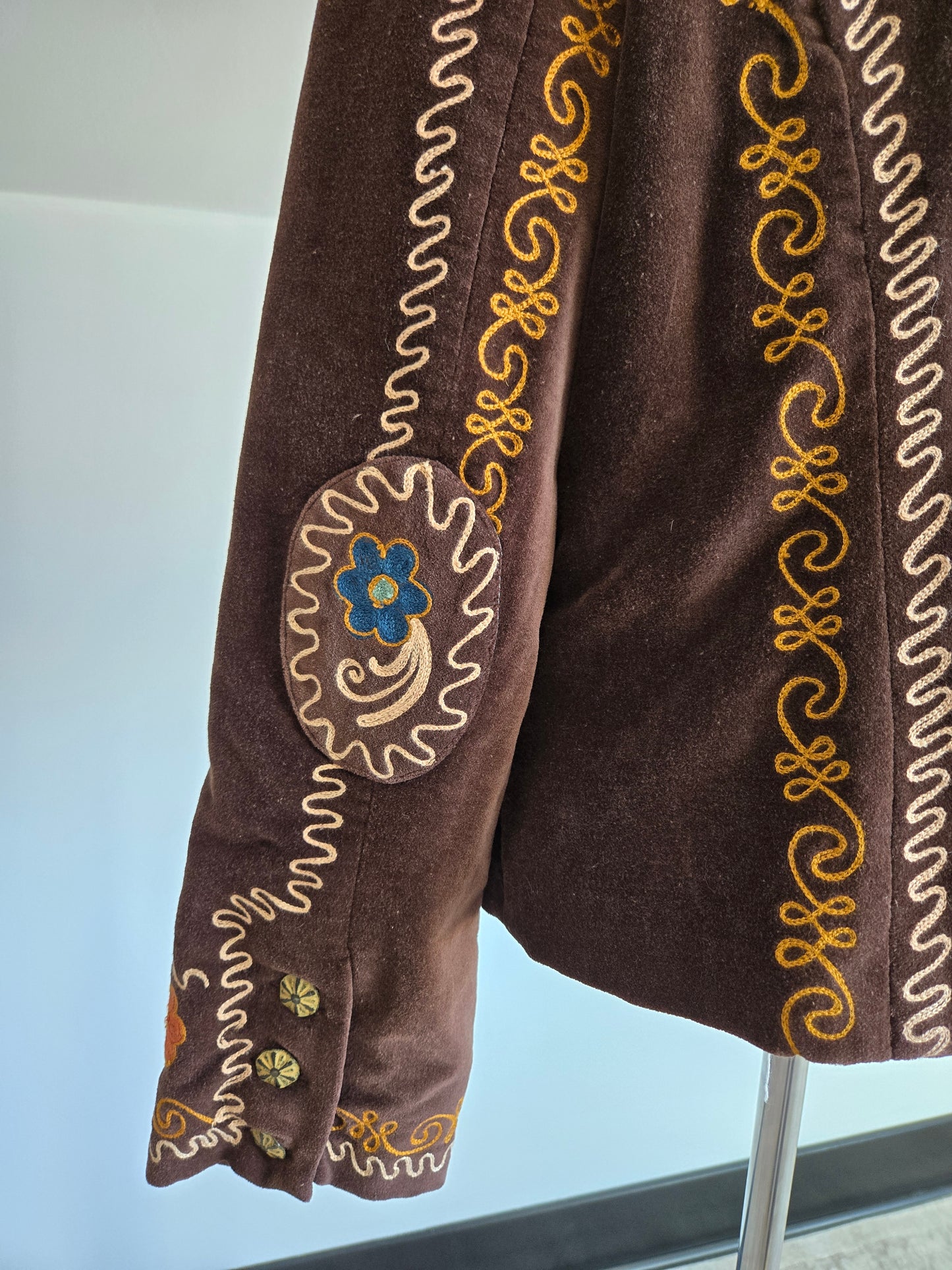 Doubled D Ranch Brown Velvet Blazer with Colorful Stitching Detail - XL