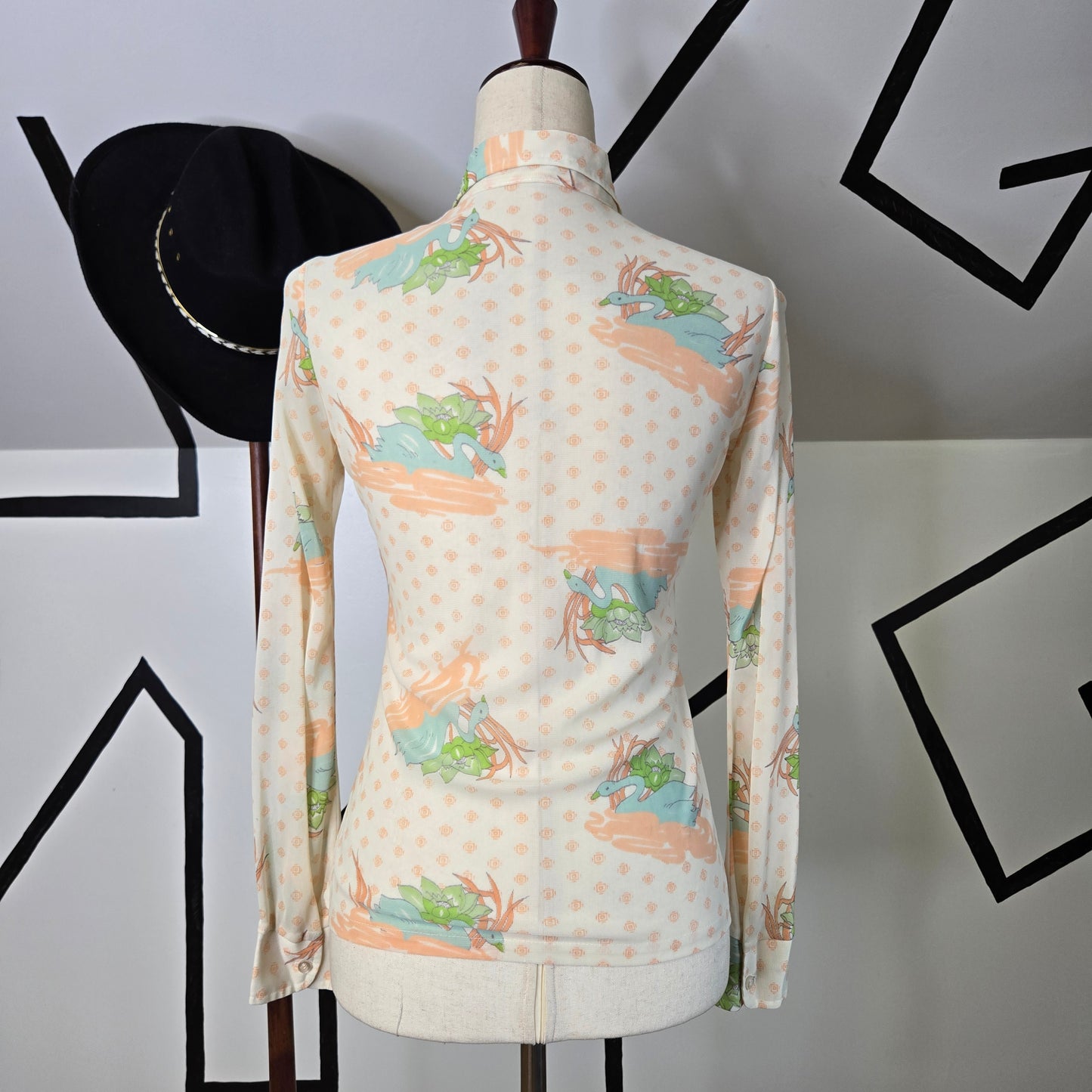 Rare Vintage 60s Swan Motif Nylon Button Down Top - XS