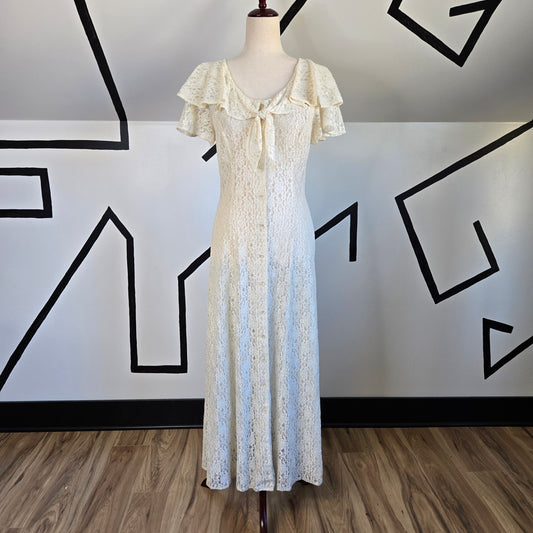 All That Jazz Vintage 80s Shear Ivory Lace Dress with Cape Flutter Sleeve - Small