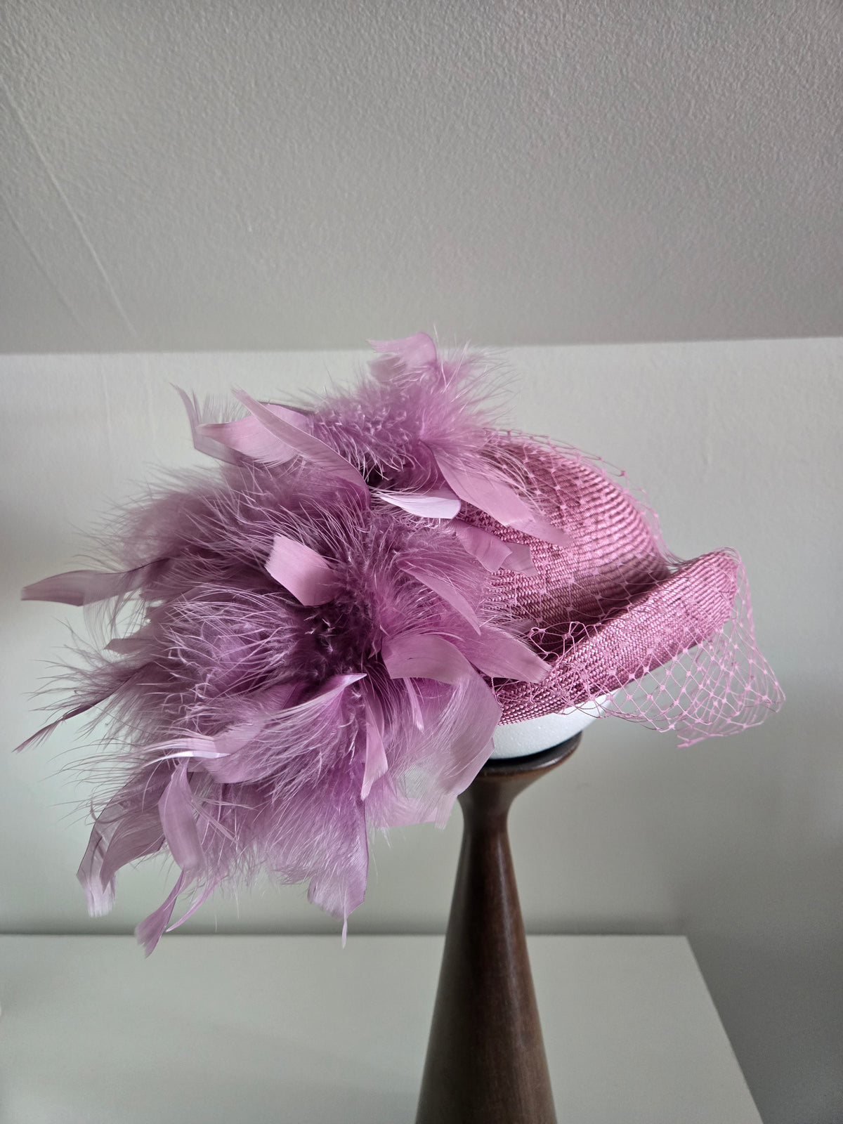 Vintage Lavender Fascinator with Mesh and Feathers