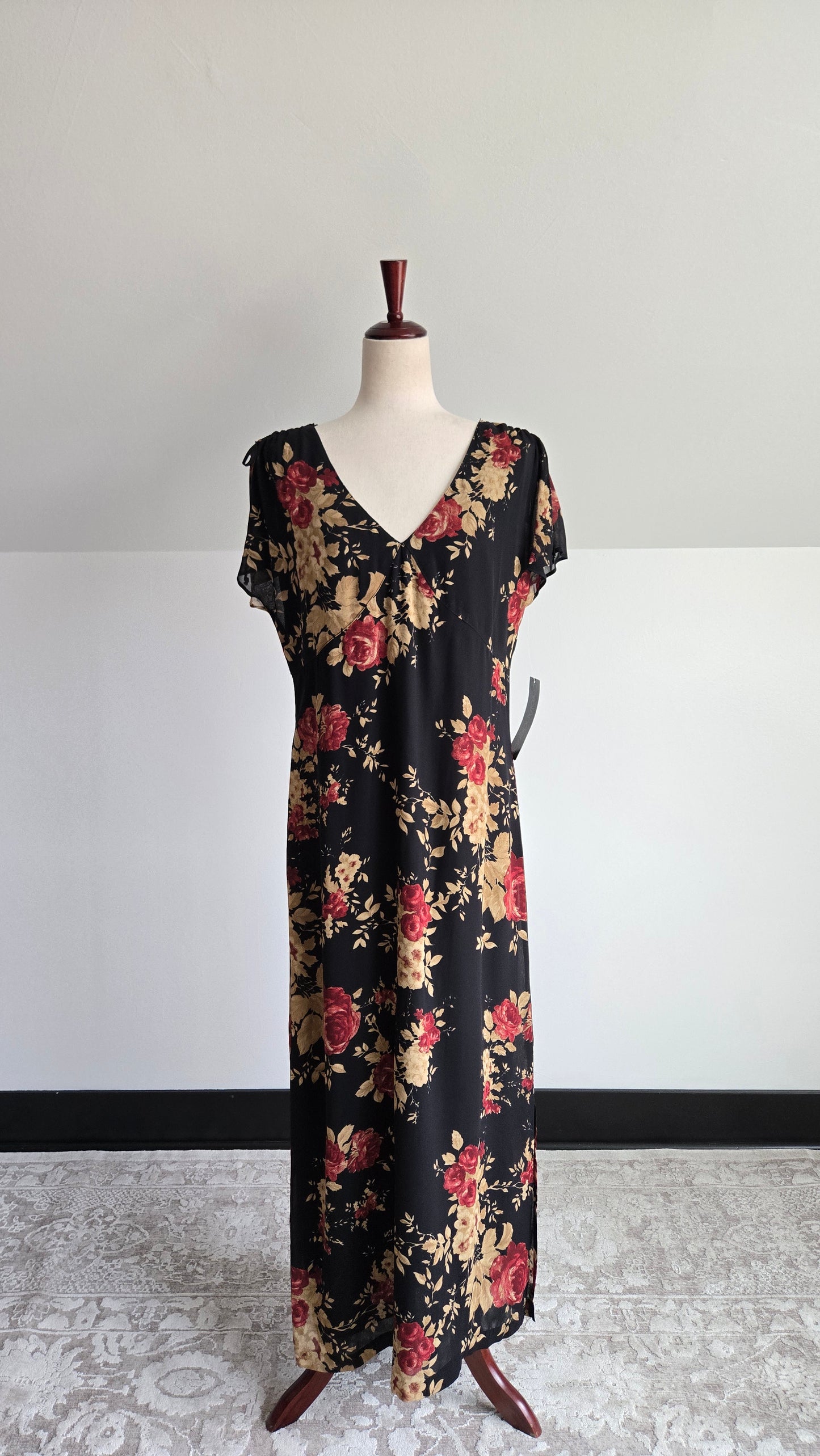 Carol Anderson 90s Deadstock Black Floral Dress - large
