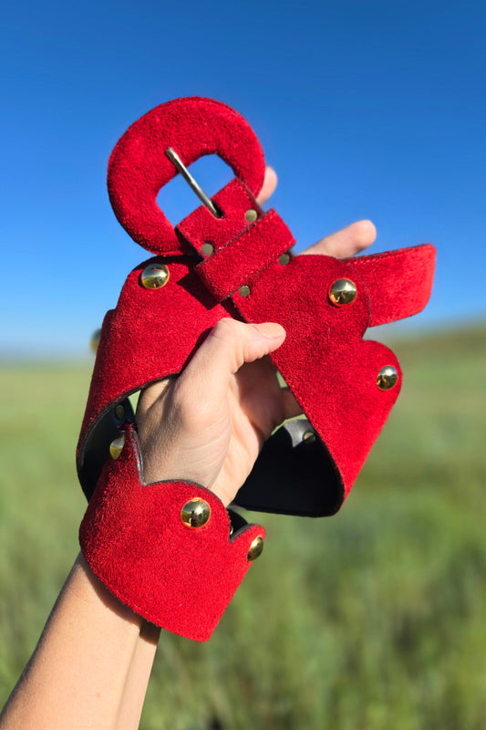 Vintage Genuine Red Suede Leather Belt with Gold Studs - W30-32"