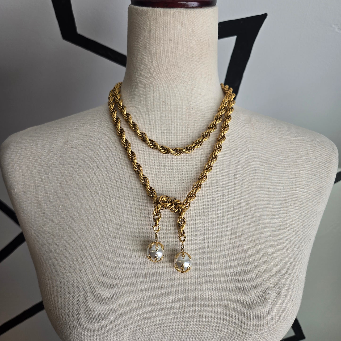 Vintage Gold Tone Open Strand Necklace With Two Drop Pearls