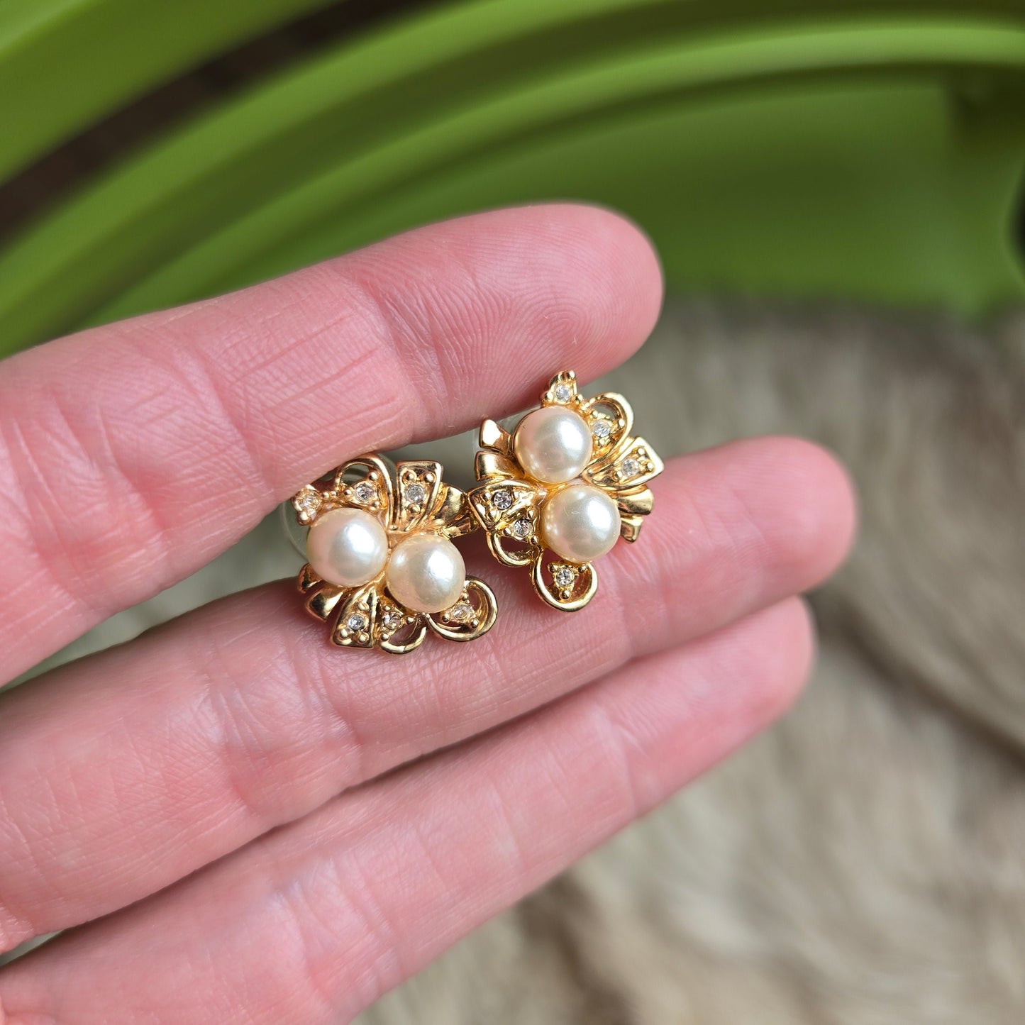 Vintage Gold and Faux Pearl Stud Earrings - Post Back