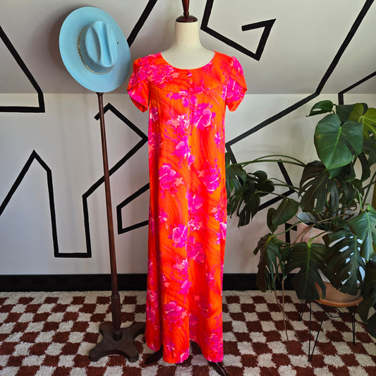 Made in Hawaii 70s Vintage Neon Day Glow Floral Dress - small