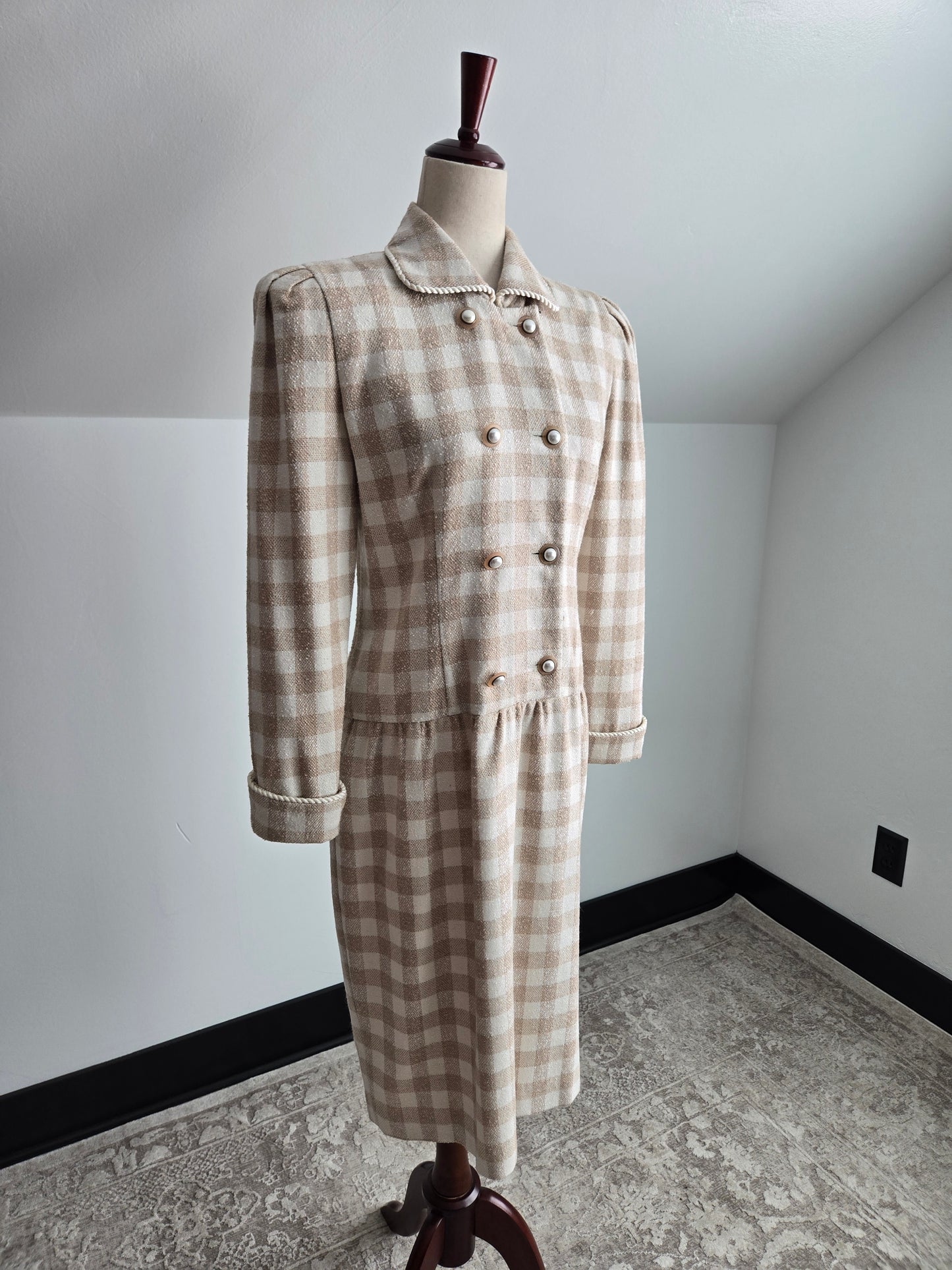 Maggy Boutique Vintage 80s Neutral Plaid Double Breasted Dress - Medium