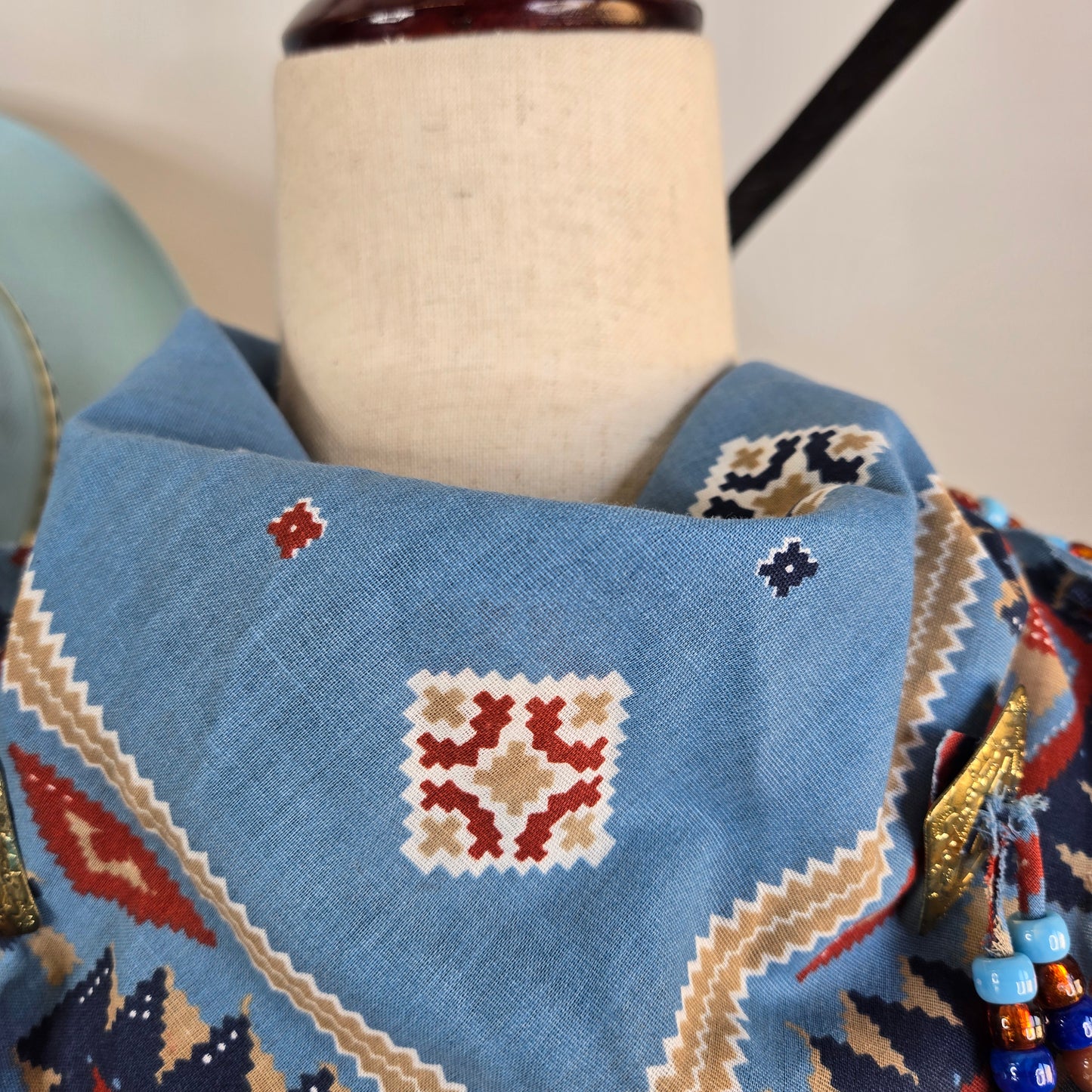 Blue Western Neck Tie Bandana with Beaded Fringe