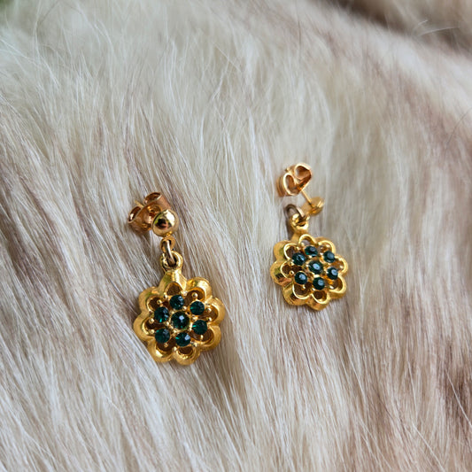 Vintage Gold Flower Drop Earrings with Emerald Green Rhinestones - Post Back