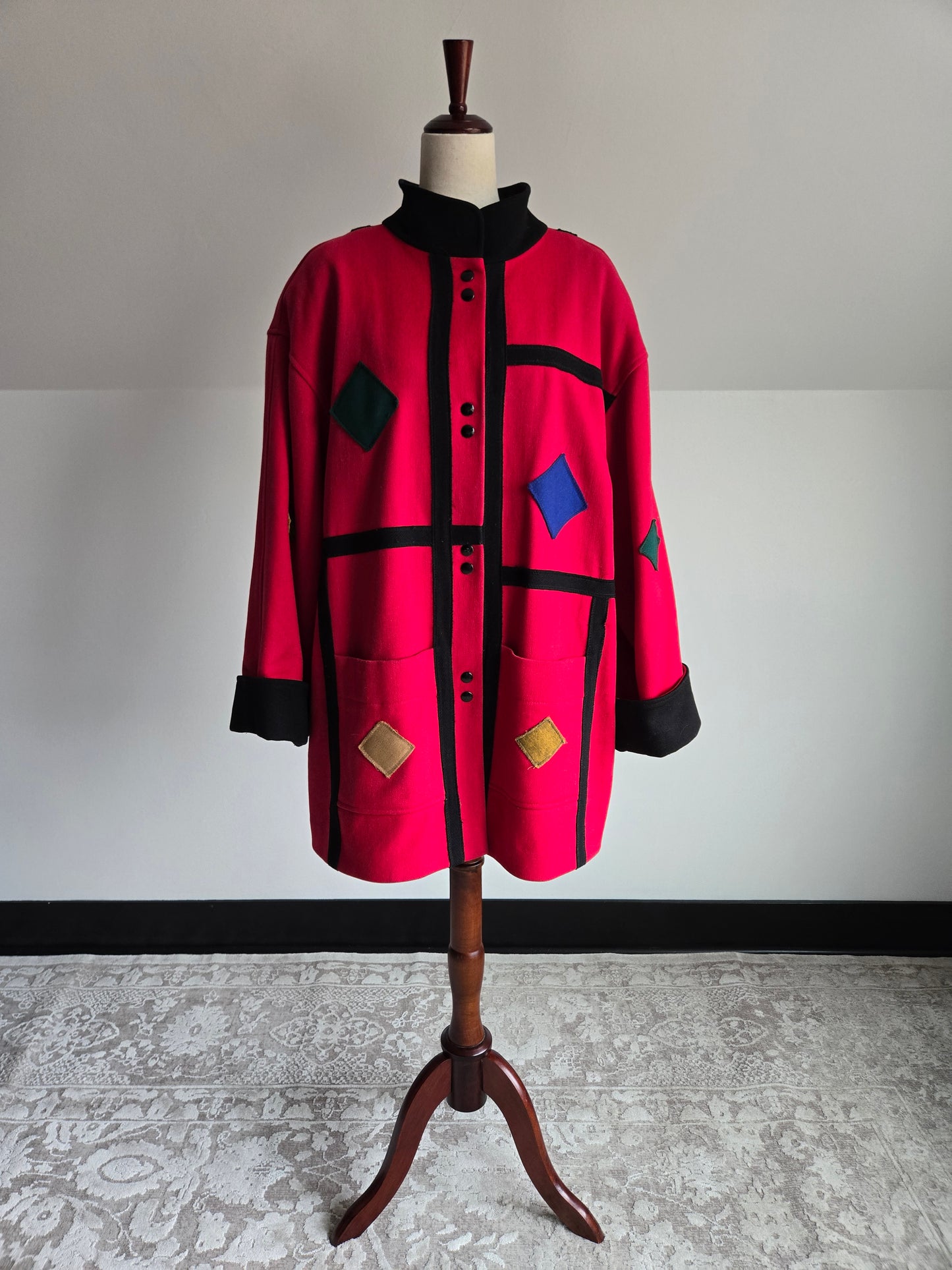 Vintage 1980s Geo Patch Wool Coat Made in Yugoslavia - 2XL