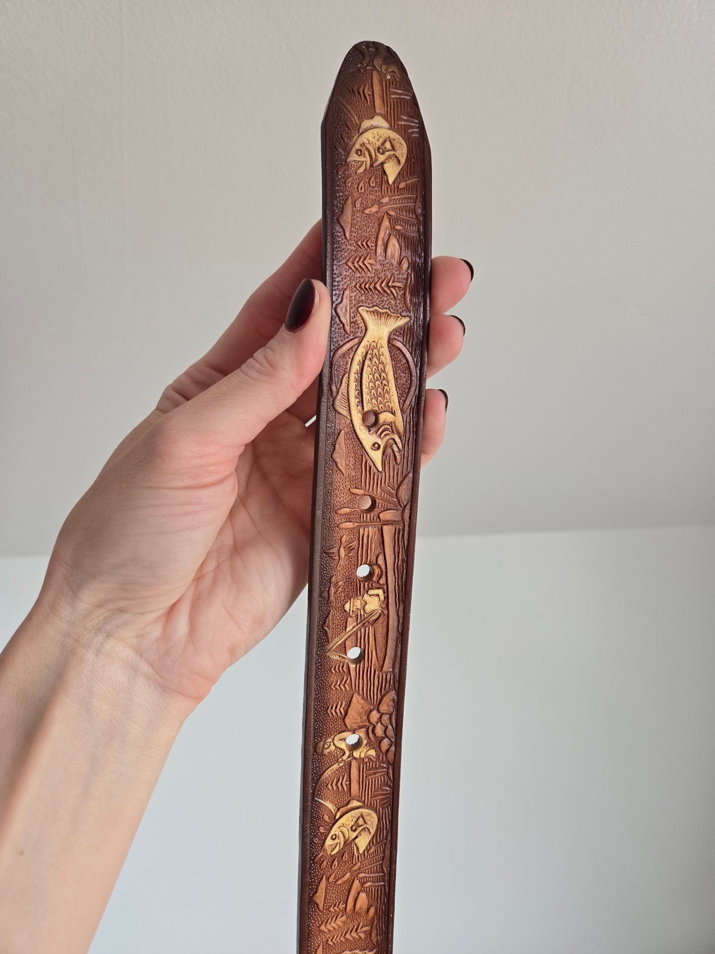 Made in Mexico Tooled Leather Belt in Fishing Pattern - W28-32"